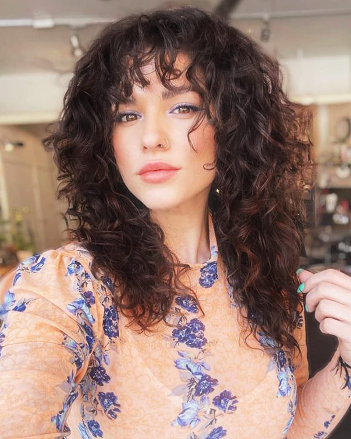 LONAI Curly Wig with Bangs for Black Women Long Black Kinky Wigs with Wispy Bangs WIG006 Curly Gorgeous Fringe Synthetic Wig for Daily Use Party Cosplay-Black