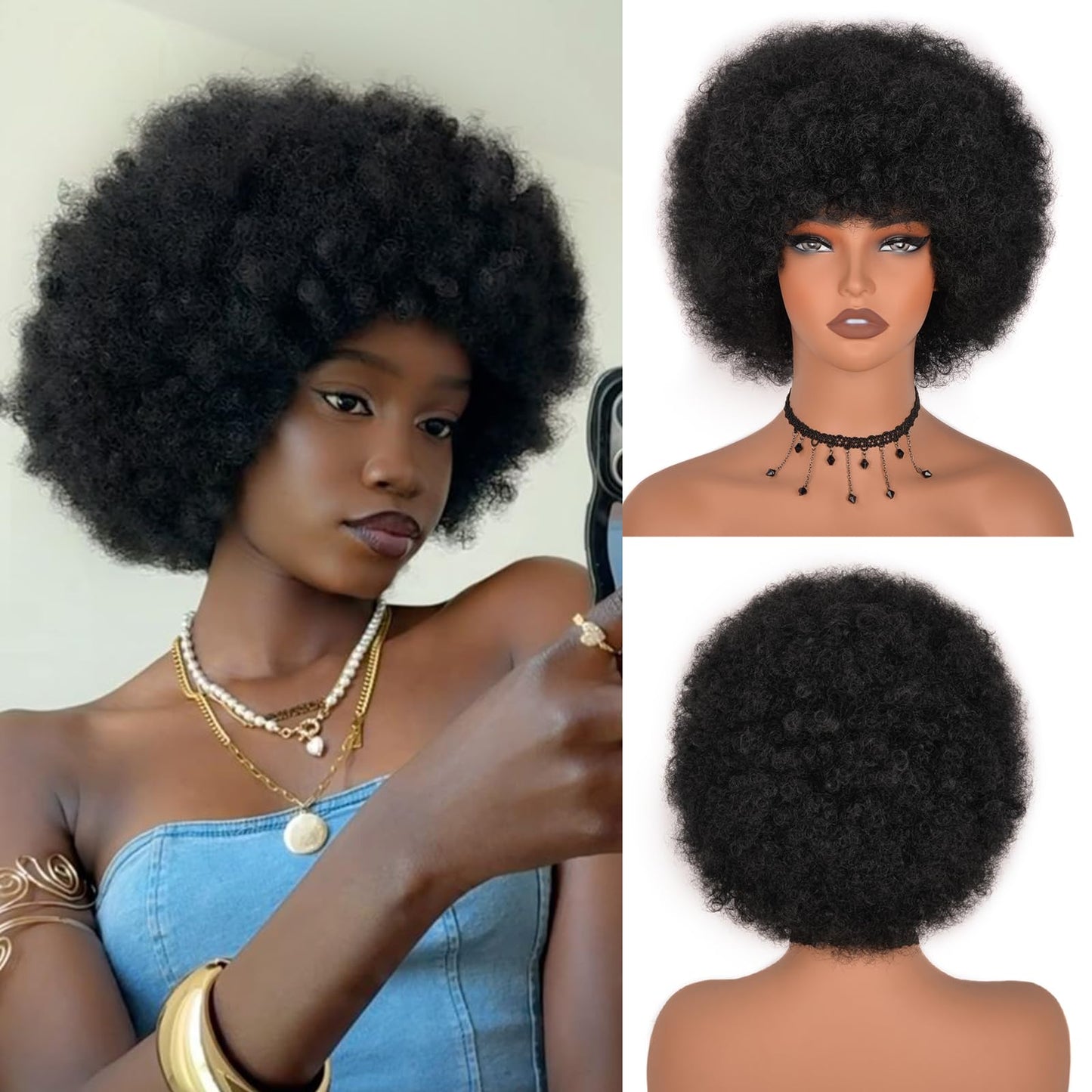 Afro Curly Wig with Bangs 12 Inches Synthetic Afro Wig for Women about 280g/Pcs Heat Resistant Black Short Kinky Curly Wigs for Daily Party