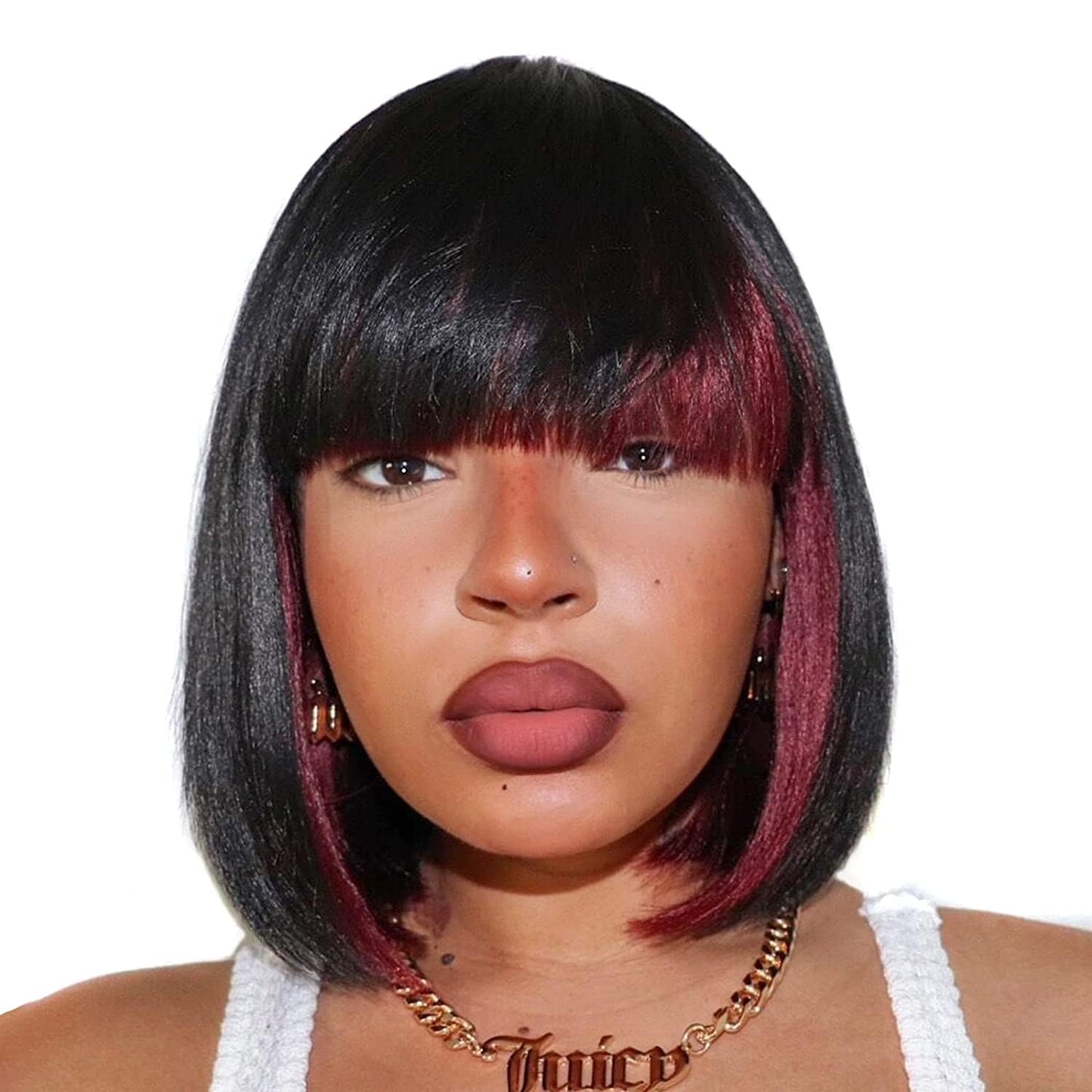 ToyoTress Bob Wig With Bangs - 12 Inch Peek-a-boo Color Short Bob Wig For Black Women Black Mix Brown Daily Costume Wigs, Light Yaki Straight Synthetic Hair Wigs Heat Resistant (12 Inch, SH30-612H)