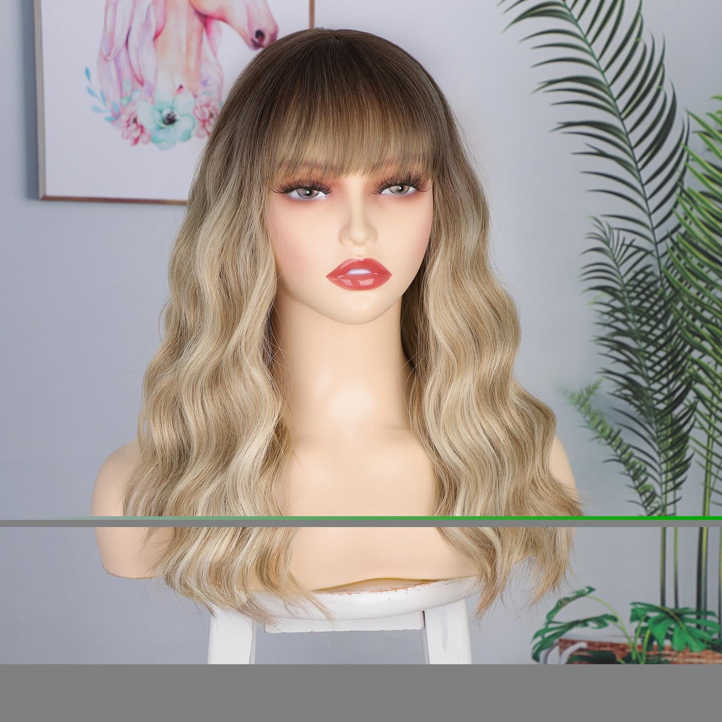 Blonde Wig with Bangs Dirty Blonde Wig for Women Long Wavy Curly Heat Resistant Fiber Synthetic for Daily Party Use (20inch)