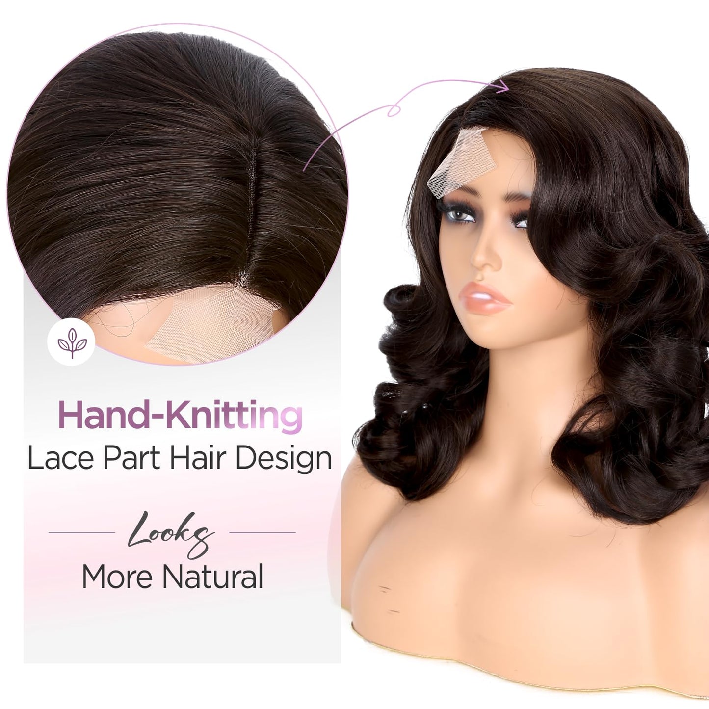 WIGER Short Wavy Wigs for Women Black Loose Wave Bob Hair Wig 14 Inch Side Part Big Curly Glueless Lace Part Hair Synthetic Curly Wig for Daily or Party