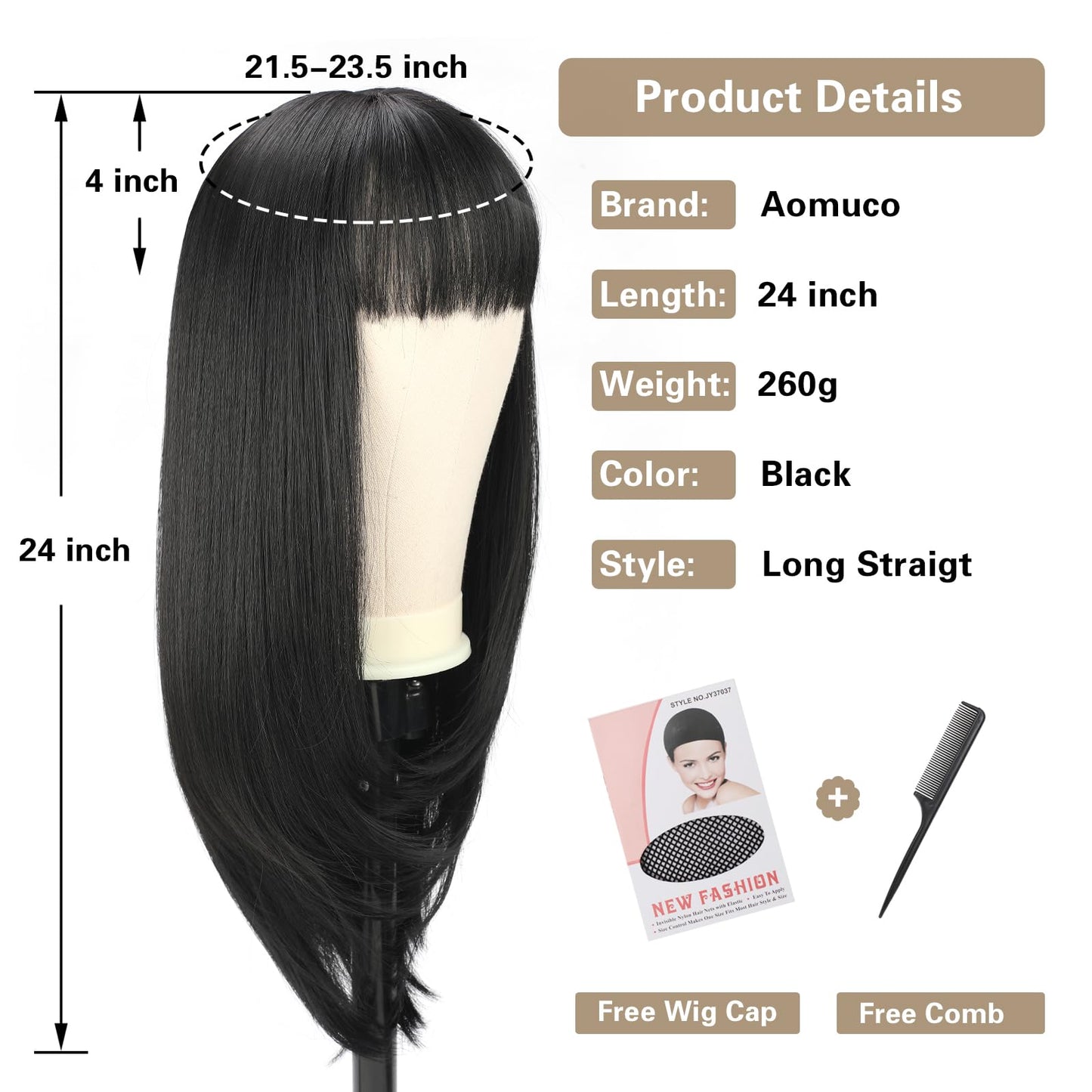 24 Inch Long Natural Black Wig with Bangs Long Straight