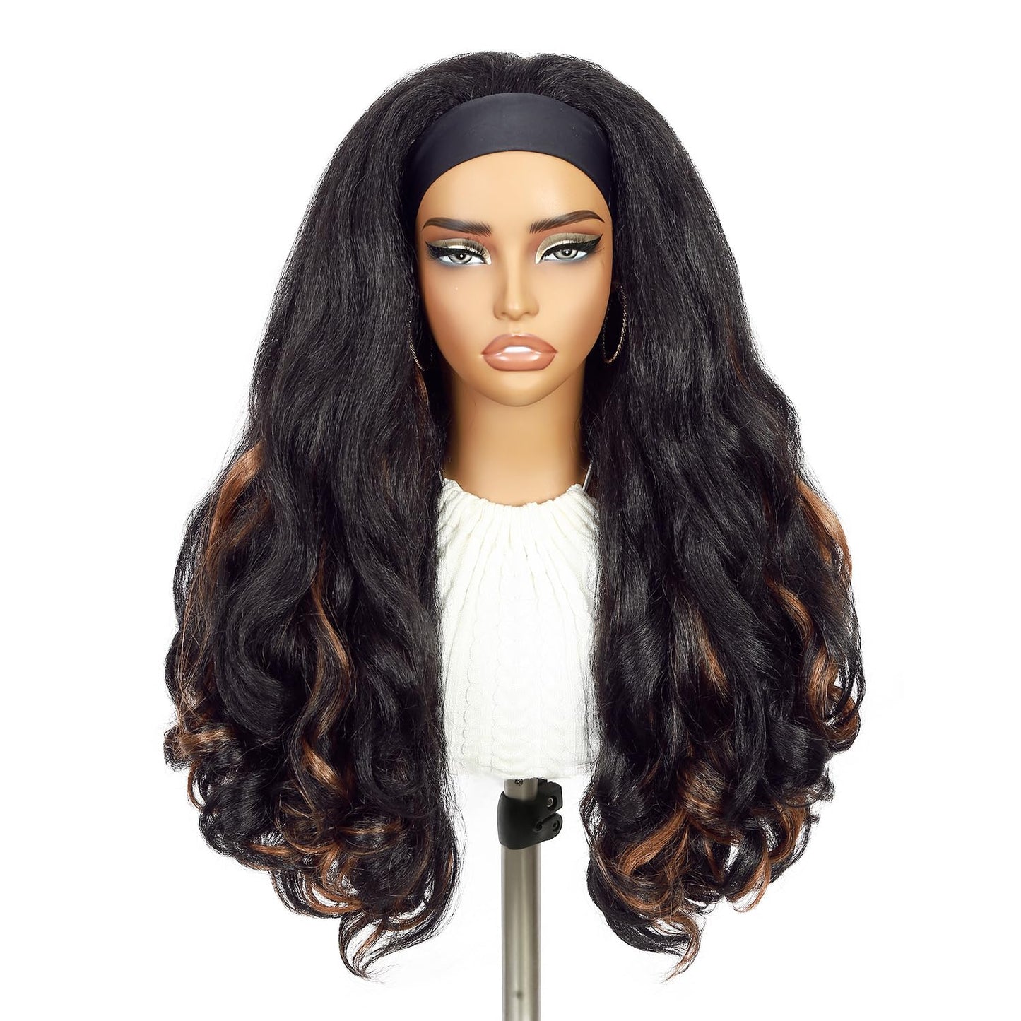 Yaki Wavy Headband Wigs for Black Women 26 Inch Black Kinky Straight Wear and Go Wig with Curly Wavy Ends Synthetic Glueless Half Wig with Headbands Attached Blow Out Style Natural Hair Texture
