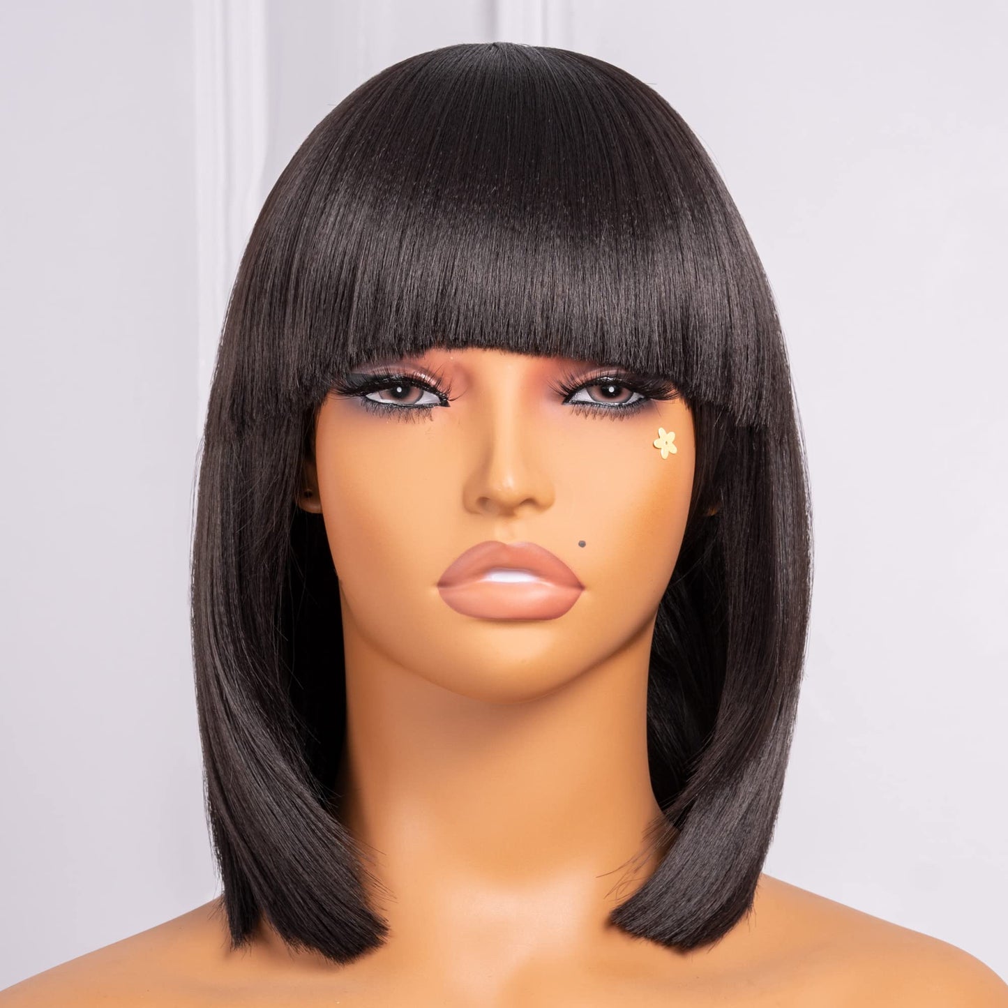 ToyoTress Bob Wig With Bangs - 12 Inch Peek-a-boo Color Short Bob Wig For Black Women Black Mix Brown Daily Costume Wigs, Light Yaki Straight Synthetic Hair Wigs Heat Resistant (12 Inch, SH30-612H)