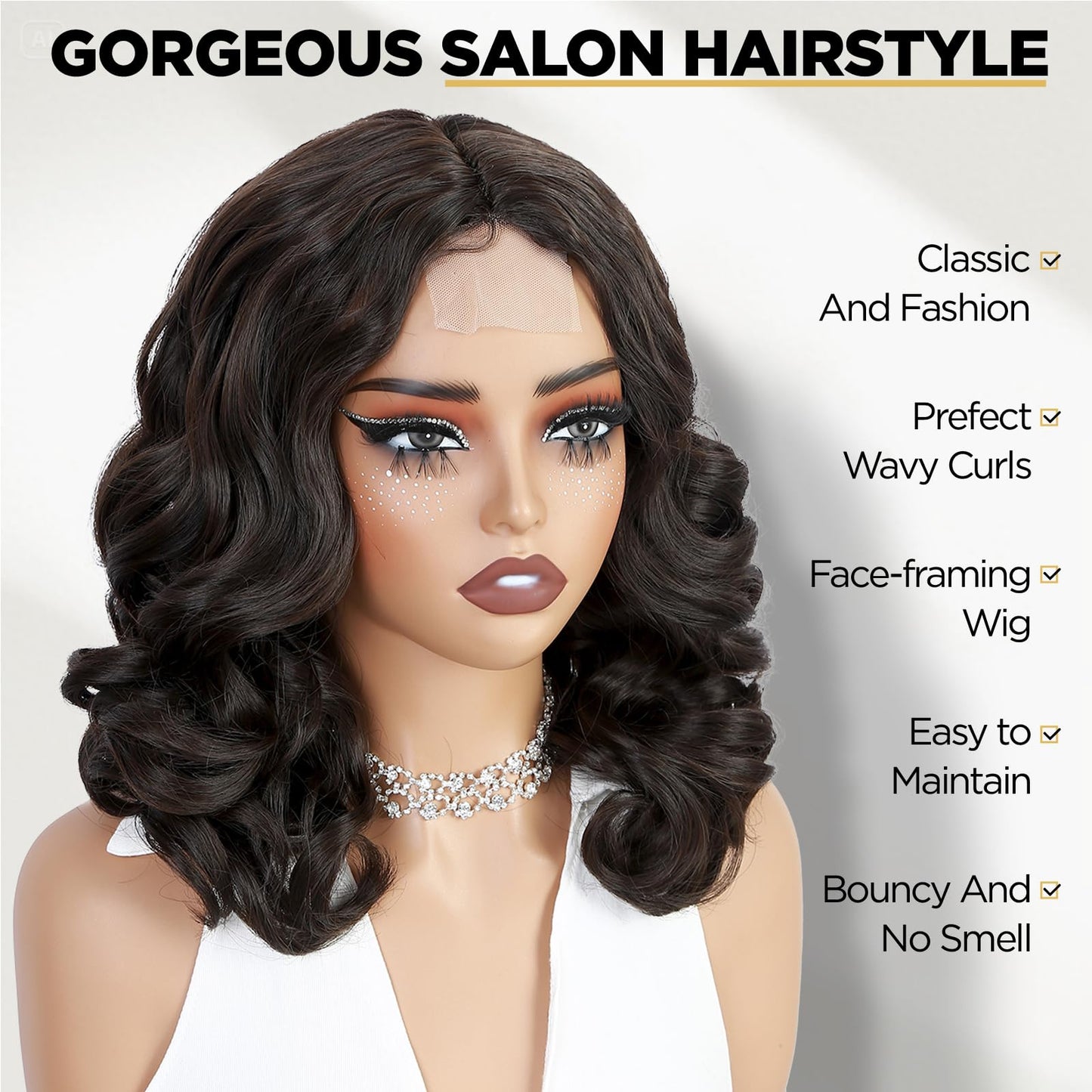 WIGER Short Wavy Wigs for Women Black Loose Wave Bob Hair Wig 14 Inch Side Part Big Curly Glueless Lace Part Hair Synthetic Curly Wig for Daily or Party