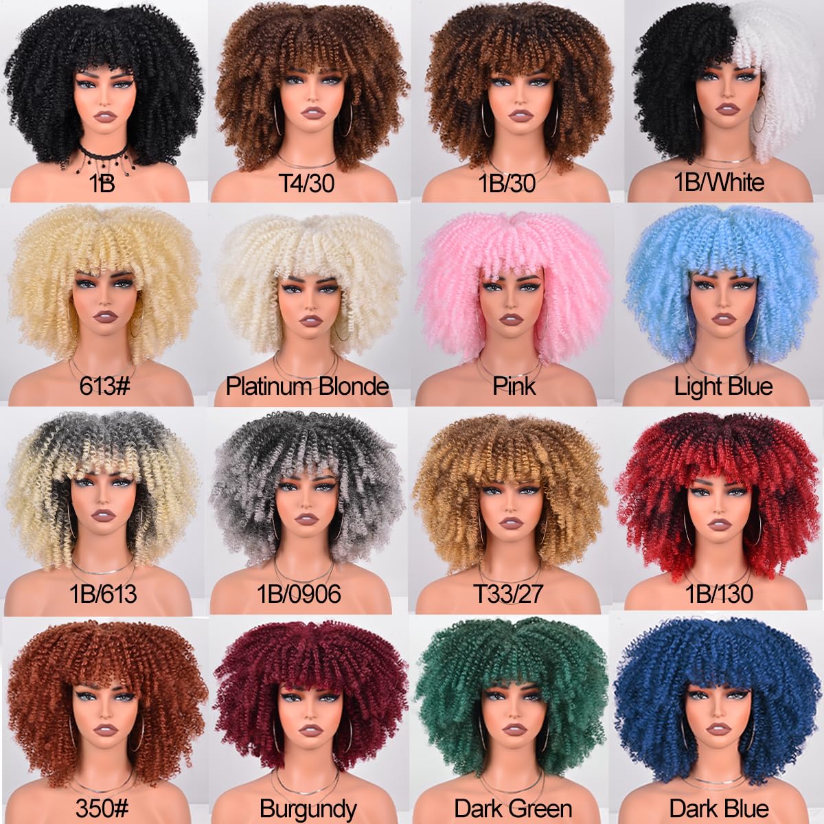 Afro Curly Wig with Bangs 12 Inches Synthetic Afro Wig for Women about 280g/Pcs Heat Resistant Black Short Kinky Curly Wigs for Daily Party