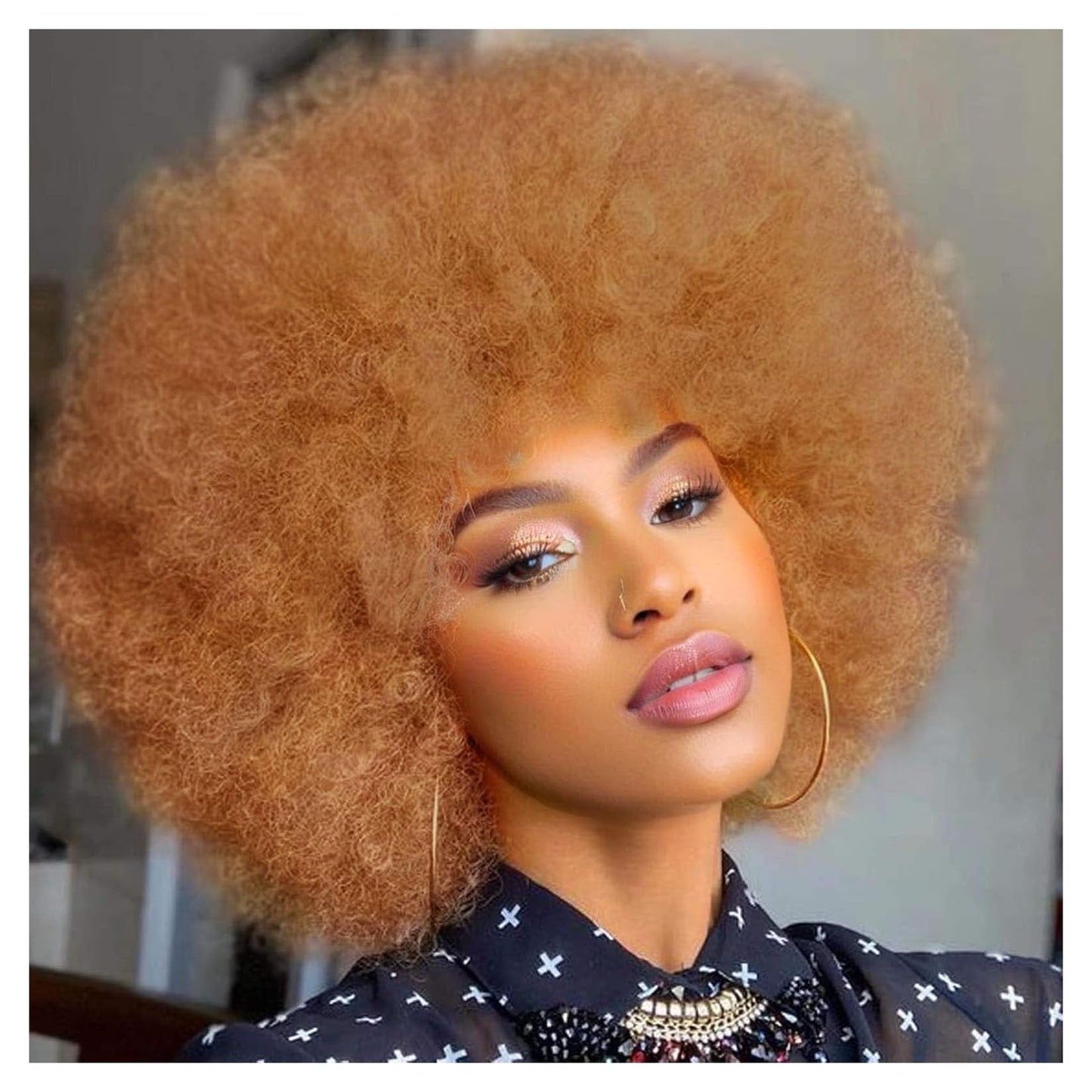 Curly Wigs for Black Women Soft Honey Blonde Short Curly Wig with Bangs Afro Loose Curls Wig for African American Women (1B/30)