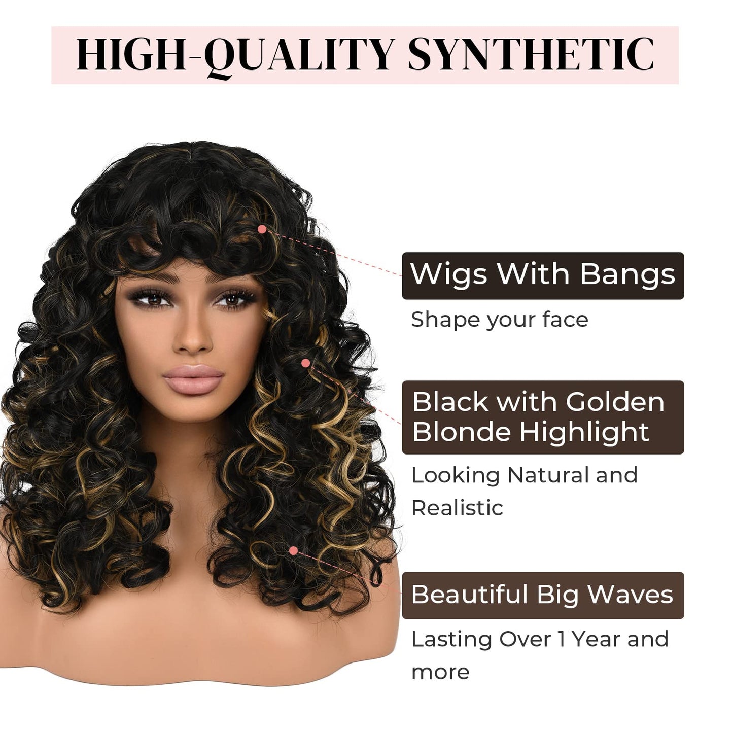 LONAI Curly Wig with Bangs for Black Women Long Black Kinky Wigs with Wispy Bangs WIG006 Curly Gorgeous Fringe Synthetic Wig for Daily Use Party Cosplay-Black