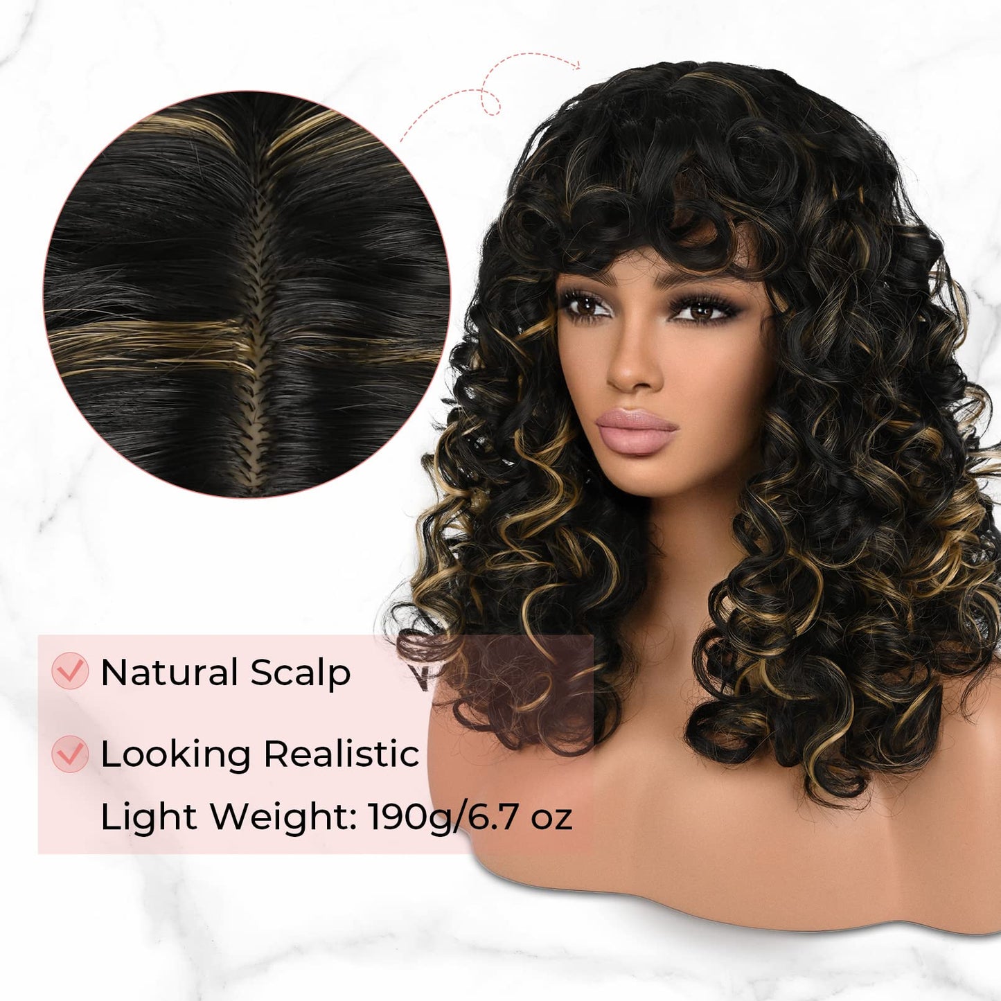 LONAI Curly Wig with Bangs for Black Women Long Black Kinky Wigs with Wispy Bangs WIG006 Curly Gorgeous Fringe Synthetic Wig for Daily Use Party Cosplay-Black