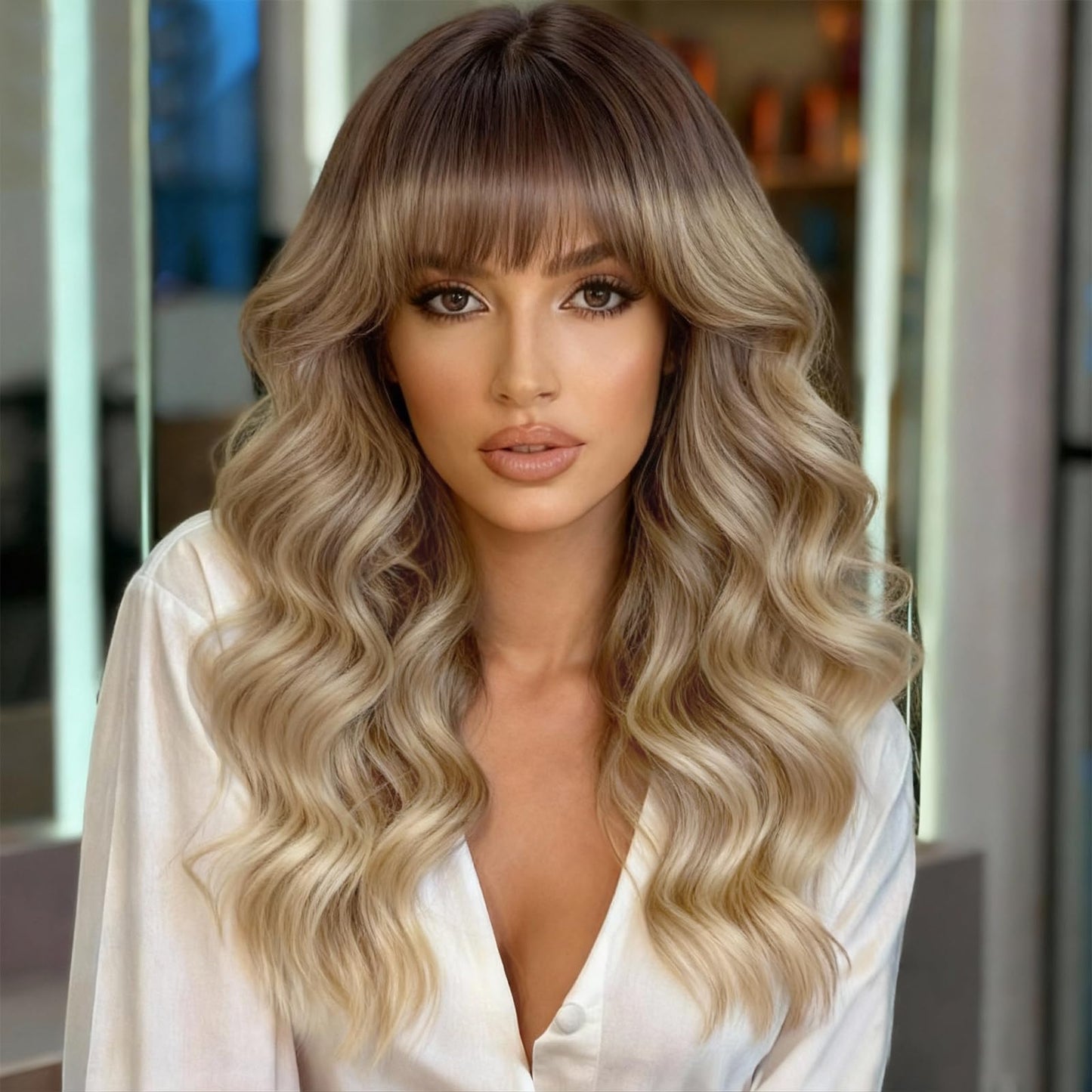 Blonde Wig with Bangs Dirty Blonde Wig for Women Long Wavy Curly Heat Resistant Fiber Synthetic for Daily Party Use (20inch)