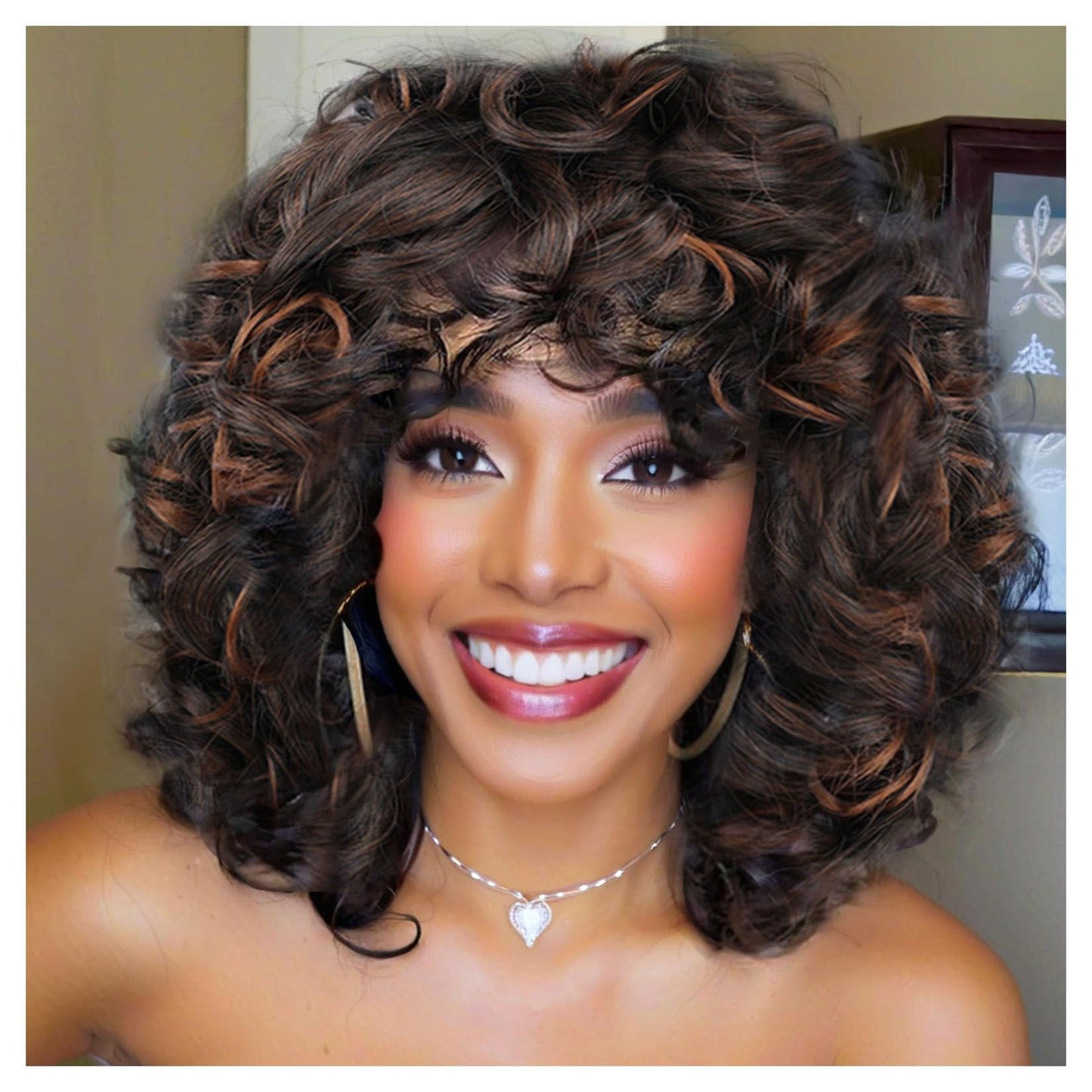 Curly Wigs for Black Women Soft Honey Blonde Short Curly Wig with Bangs Afro Loose Curls Wig for African American Women (1B/30)