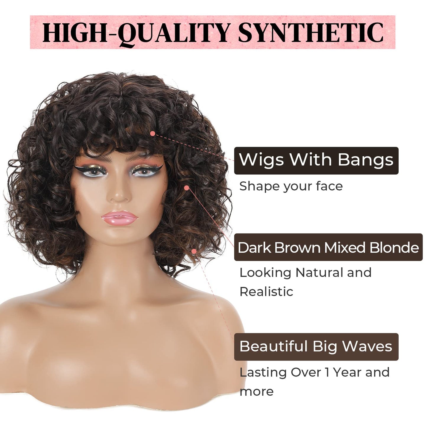 LONAI Curly Wig with Bangs for Black Women Long Black Kinky Wigs with Wispy Bangs WIG006 Curly Gorgeous Fringe Synthetic Wig for Daily Use Party Cosplay-Black