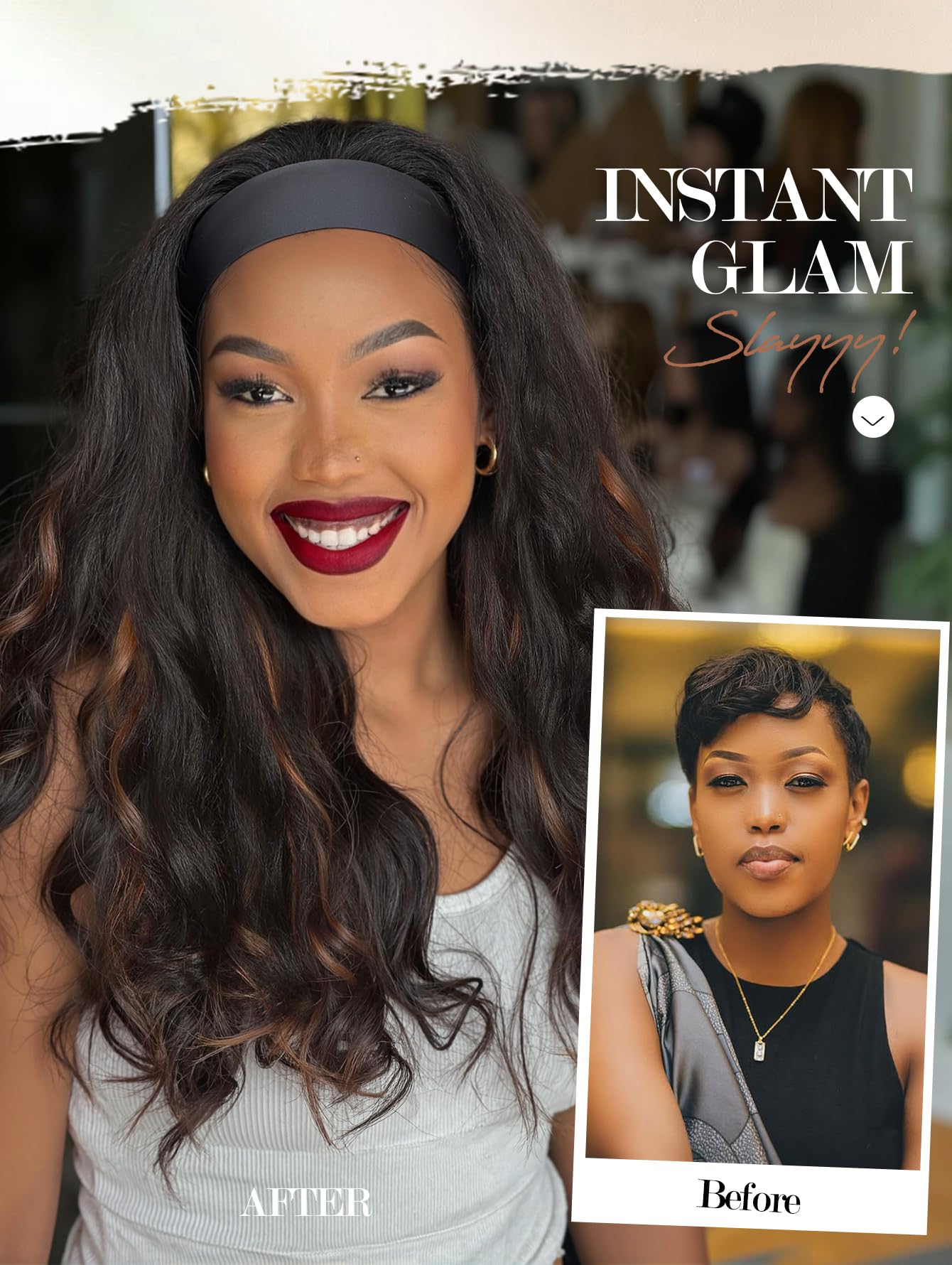 Yaki Wavy Headband Wigs for Black Women 26 Inch Black Kinky Straight Wear and Go Wig with Curly Wavy Ends Synthetic Glueless Half Wig with Headbands Attached Blow Out Style Natural Hair Texture
