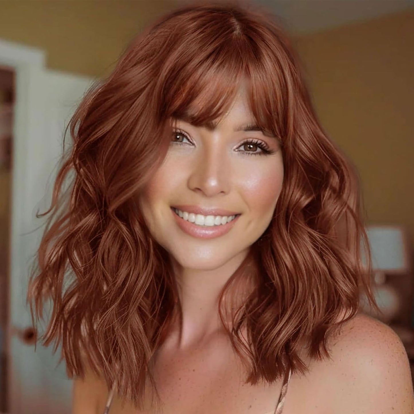 AISI HAIR Curly Bob Wig with Bangs Short Wavy Wine Red Color Wigs for Women Bob Style Synthetic Heat Resistant Bob Wigs