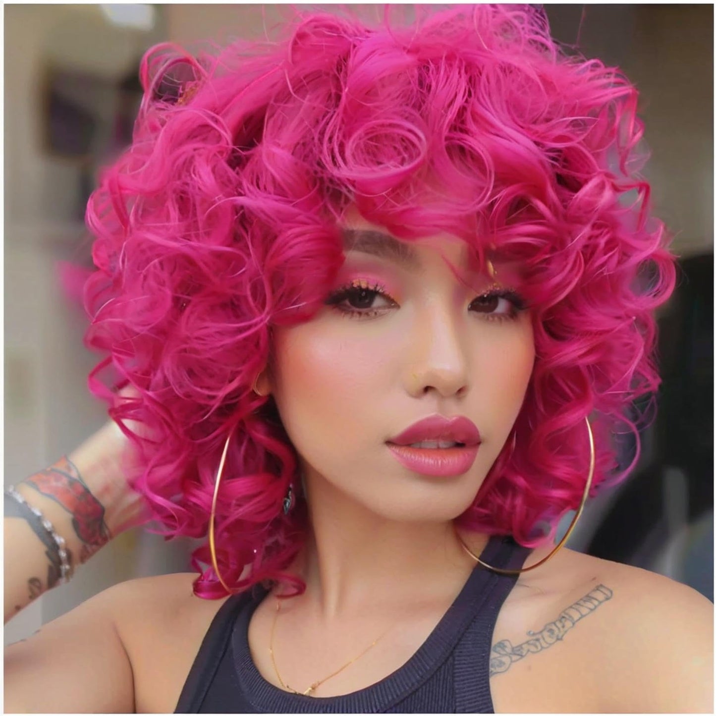 Curly Wigs for Black Women Soft Honey Blonde Short Curly Wig with Bangs Afro Loose Curls Wig for African American Women (1B/30)
