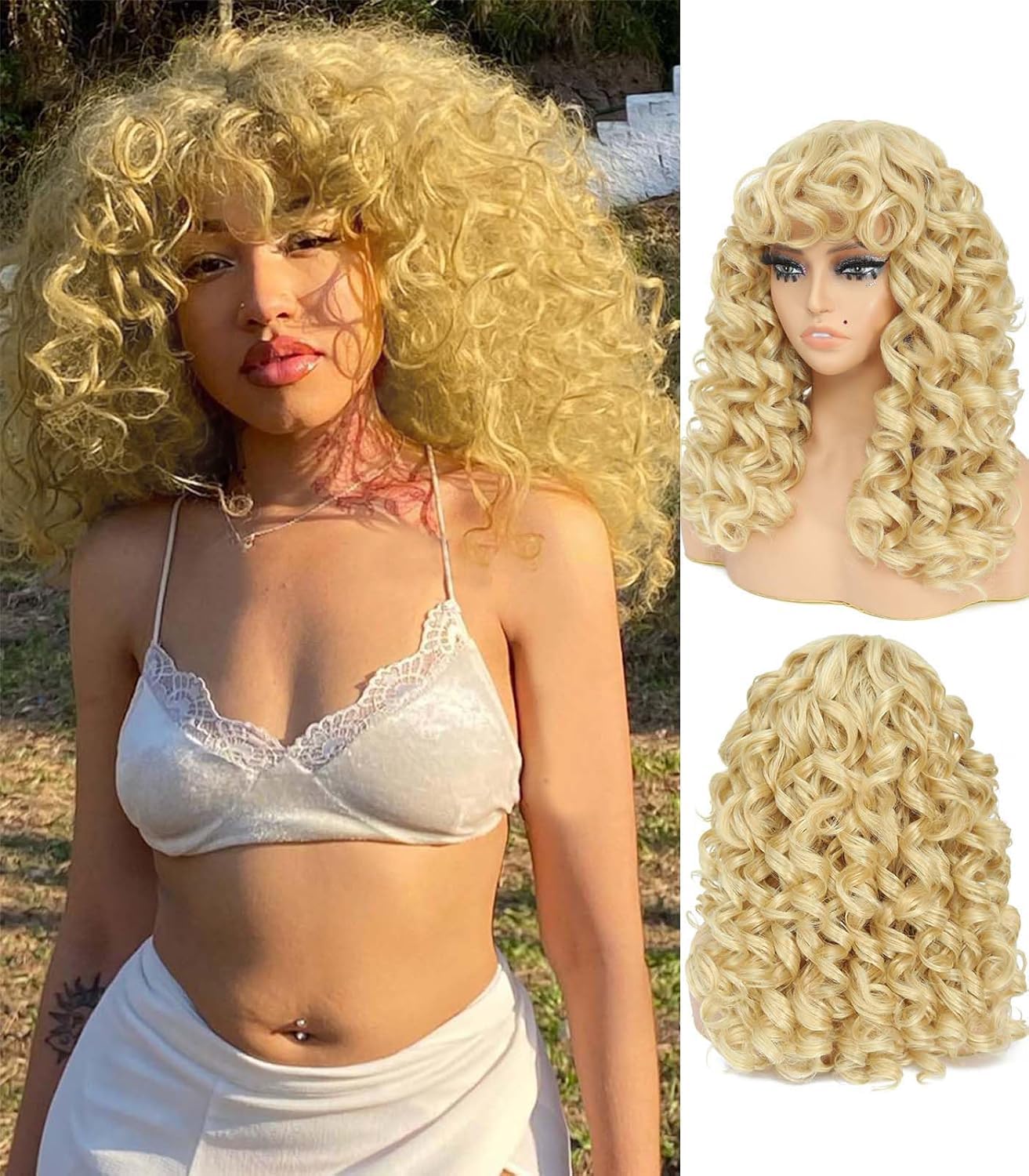 GKtineke-Curly-Wig Big-Curly-Wigs-for-White-Black-Women 20 Inch- Long-Curly-Wig-with-Bangs Synthetic-Hair-Replacement-Wigs-for- Cosplay and Daily(Ombre Ginger… (Brown)