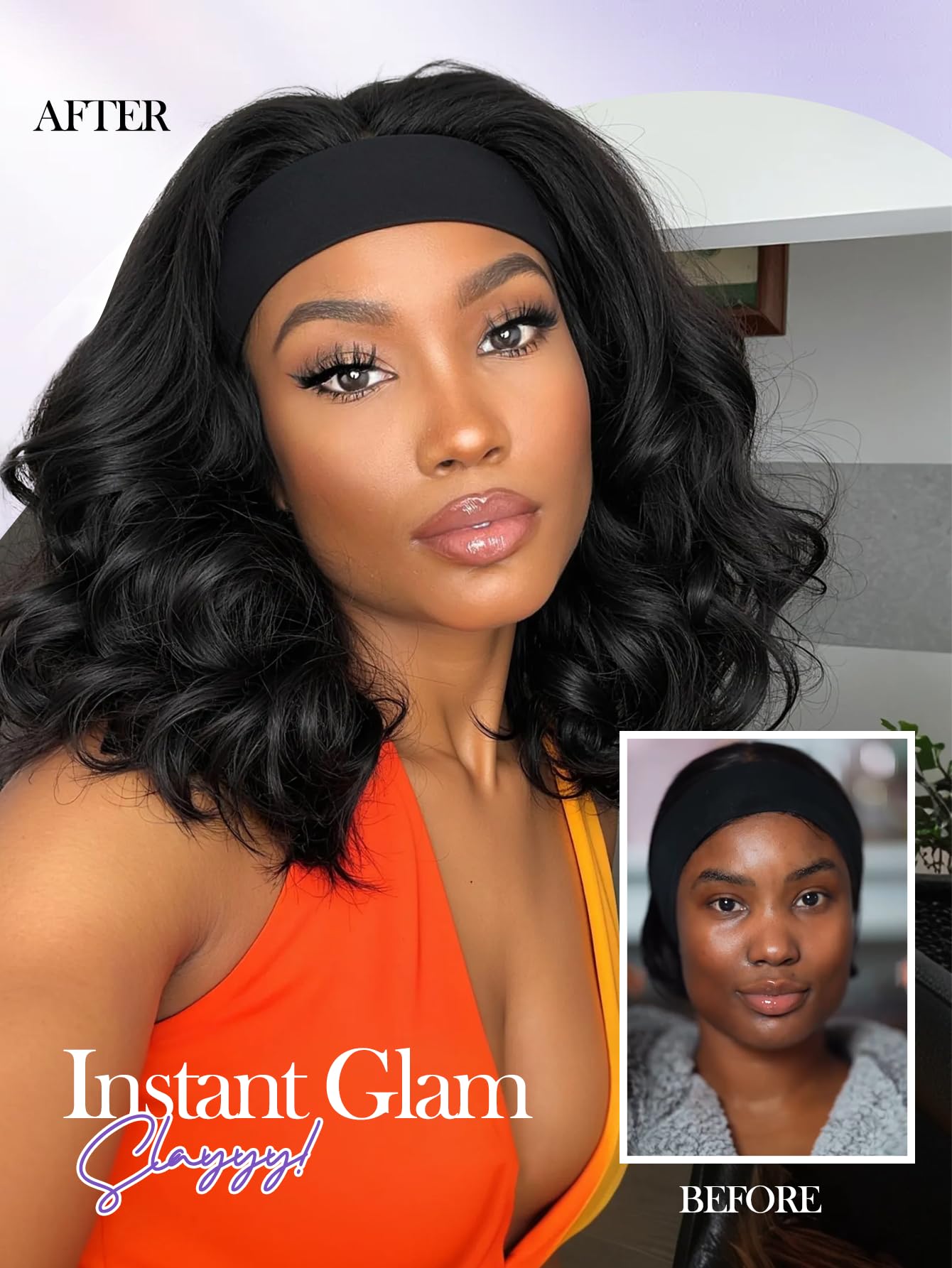 Yaki Wavy Headband Wigs for Black Women 26 Inch Black Kinky Straight Wear and Go Wig with Curly Wavy Ends Synthetic Glueless Half Wig with Headbands Attached Blow Out Style Natural Hair Texture