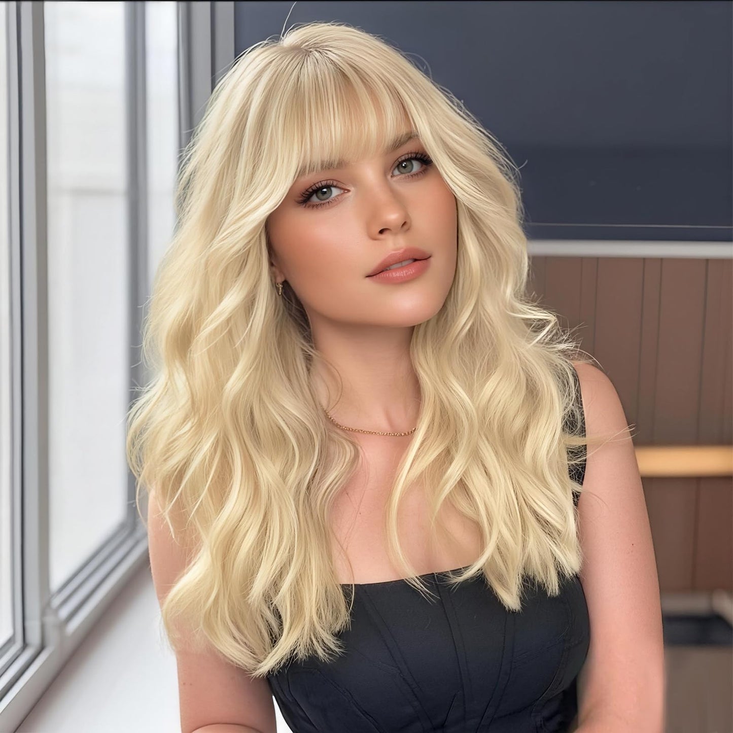 Blonde Wig with Bangs Dirty Blonde Wig for Women Long Wavy Curly Heat Resistant Fiber Synthetic for Daily Party Use (20inch)