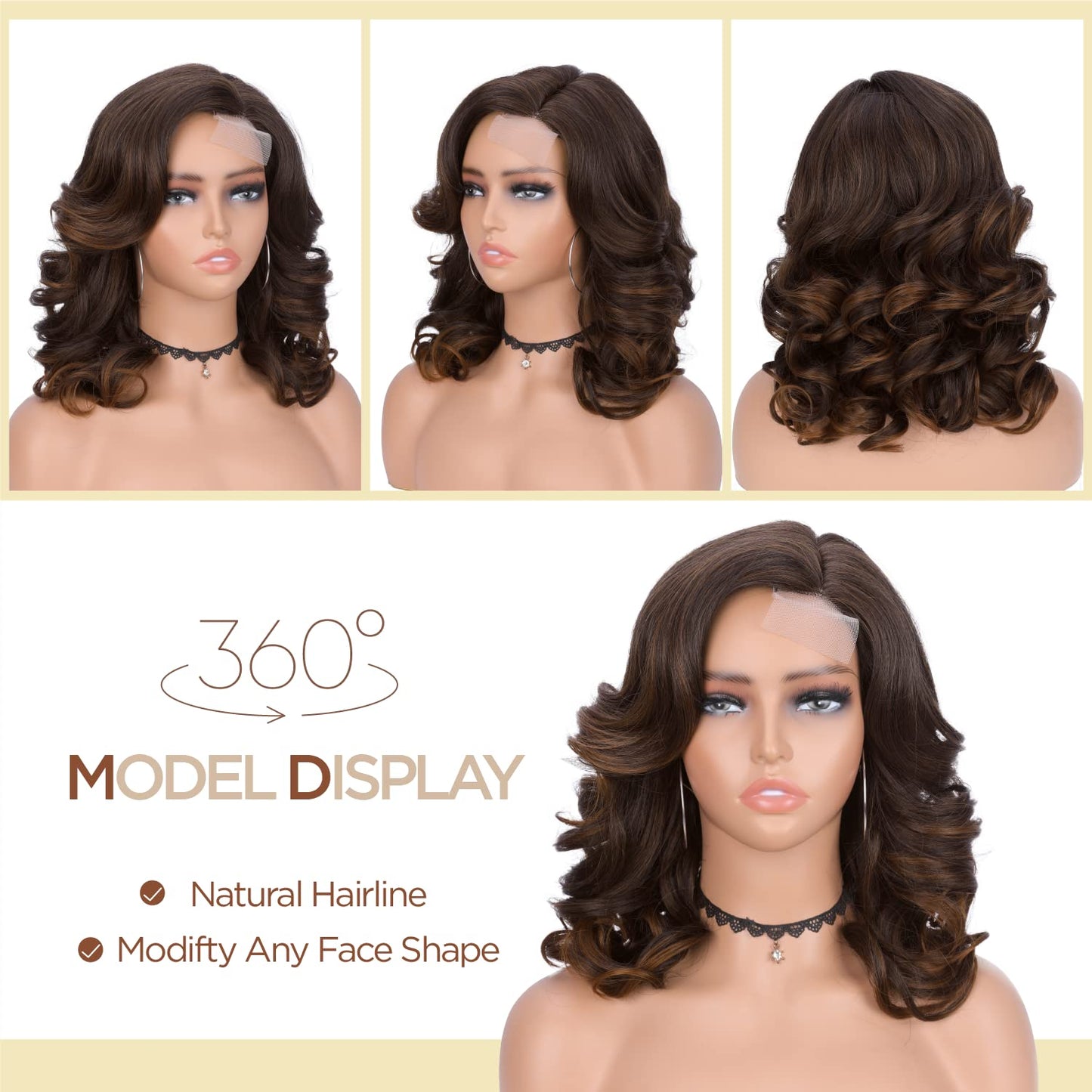 WIGER Short Wavy Wigs for Women Black Loose Wave Bob Hair Wig 14 Inch Side Part Big Curly Glueless Lace Part Hair Synthetic Curly Wig for Daily or Party