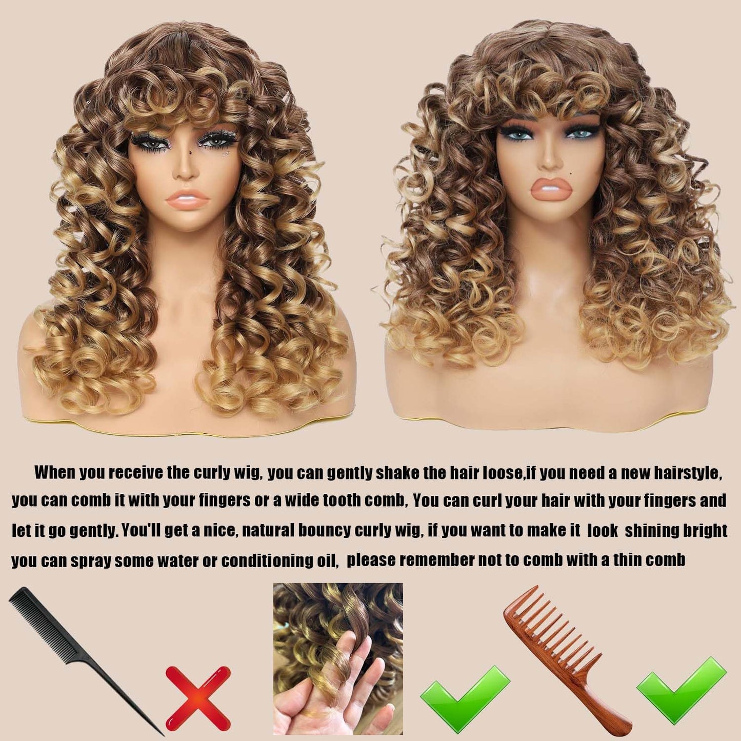 GKtineke-Curly-Wig Big-Curly-Wigs-for-White-Black-Women 20 Inch- Long-Curly-Wig-with-Bangs Synthetic-Hair-Replacement-Wigs-for- Cosplay and Daily(Ombre Ginger… (Brown)