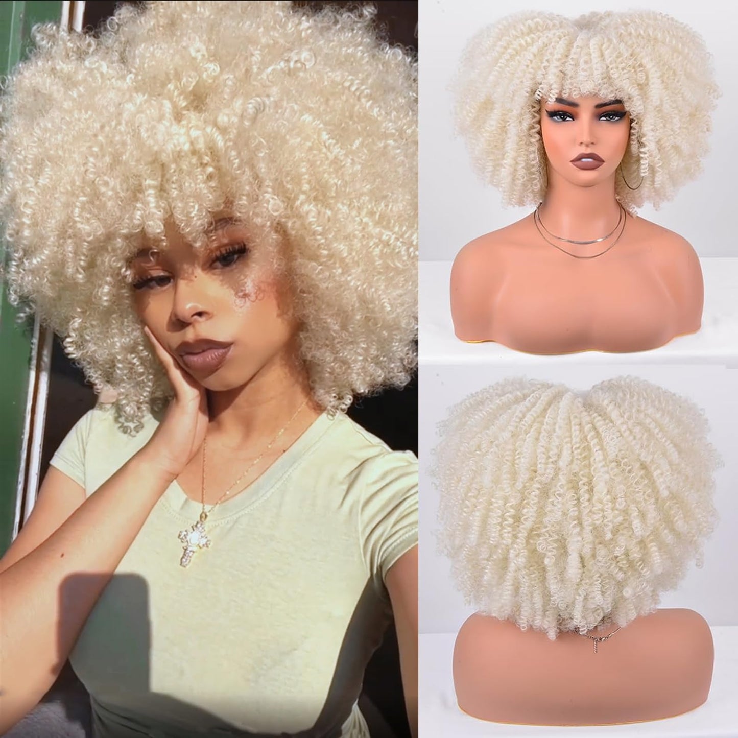 Afro Curly Wig with Bangs 12 Inches Synthetic Afro Wig for Women about 280g/Pcs Heat Resistant Black Short Kinky Curly Wigs for Daily Party