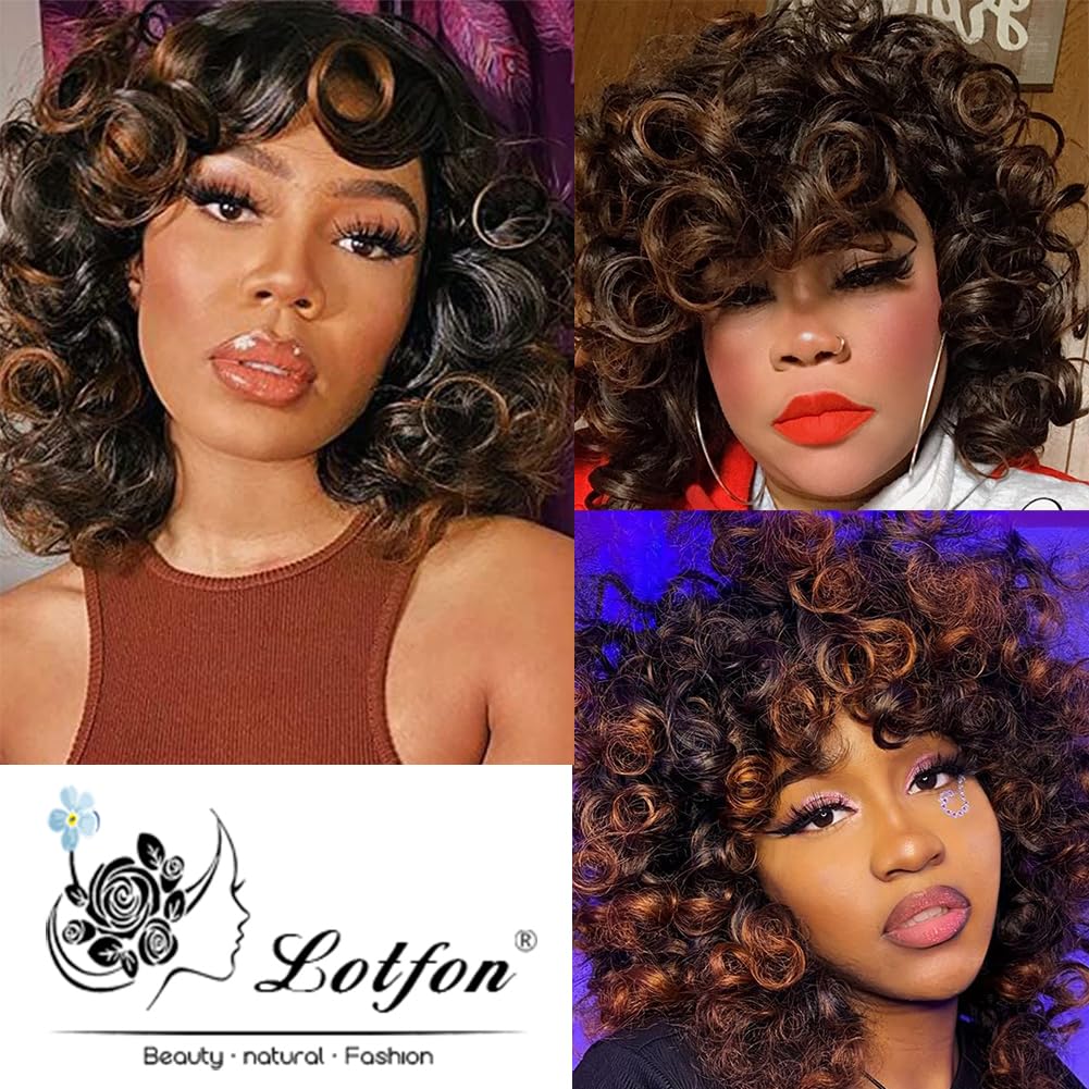 Curly Wigs for Black Women Soft Honey Blonde Short Curly Wig with Bangs Afro Loose Curls Wig for African American Women (1B/30)