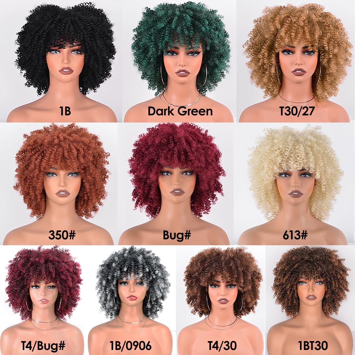 Afro Curly Wig with Bangs 12 Inches Synthetic Afro Wig for Women about 280g/Pcs Heat Resistant Black Short Kinky Curly Wigs for Daily Party