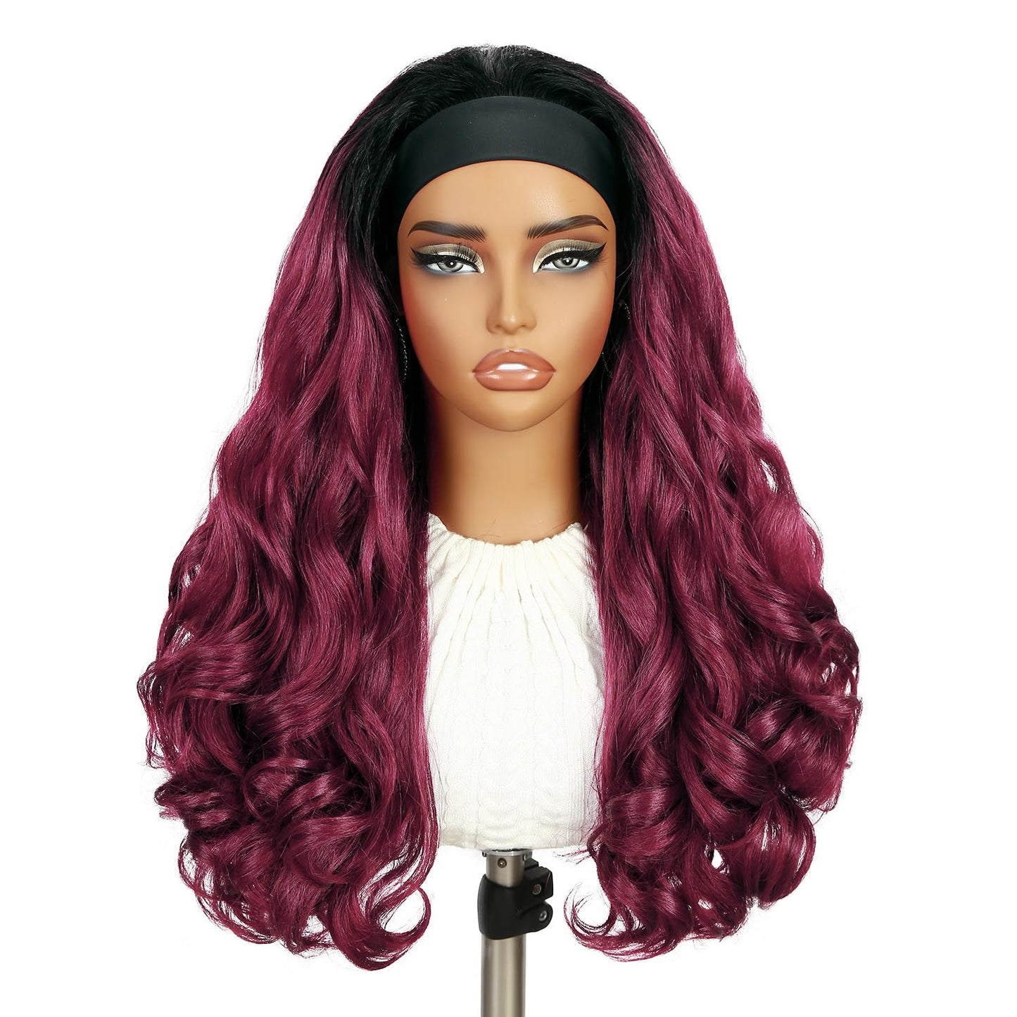 Yaki Wavy Headband Wigs for Black Women 26 Inch Black Kinky Straight Wear and Go Wig with Curly Wavy Ends Synthetic Glueless Half Wig with Headbands Attached Blow Out Style Natural Hair Texture