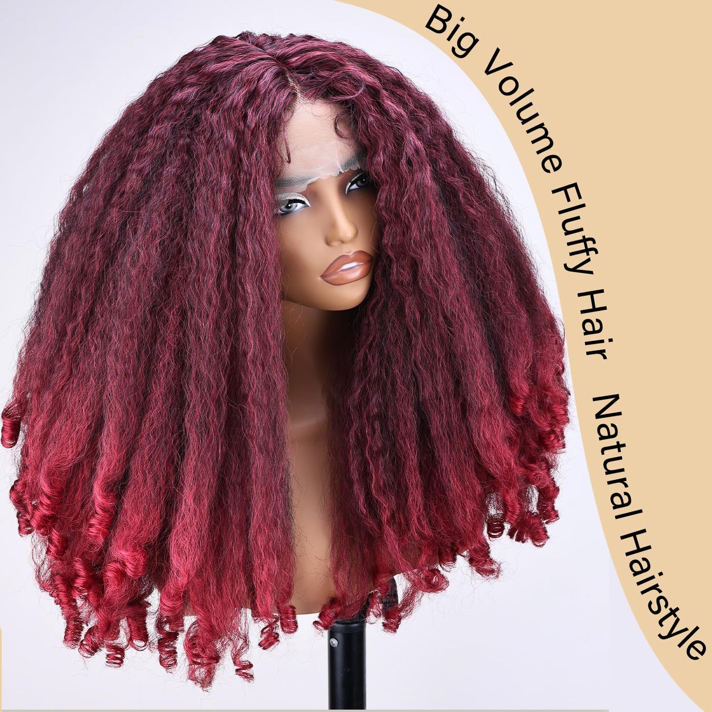 SOKU Afro Curly Lace Front Wig Synthetic Kinky Straight with Curly Ends T Part HD Transparent Swiss Lace Fluffy Bouncy Hair Wigs 20 Inch Dark Brown Heat Friendly Afro Wigs for Black Women