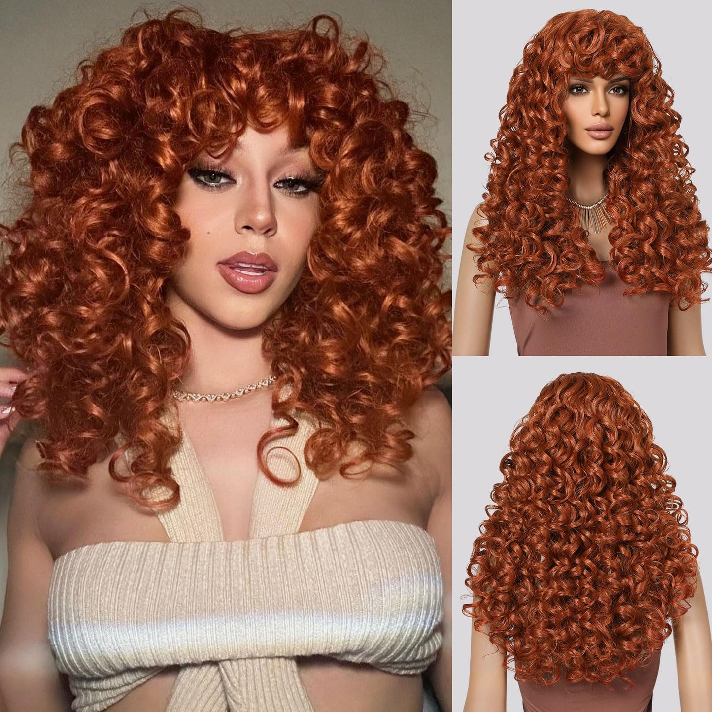LONAI Curly Wig with Bangs for Black Women Long Black Kinky Wigs with Wispy Bangs WIG006 Curly Gorgeous Fringe Synthetic Wig for Daily Use Party Cosplay-Black