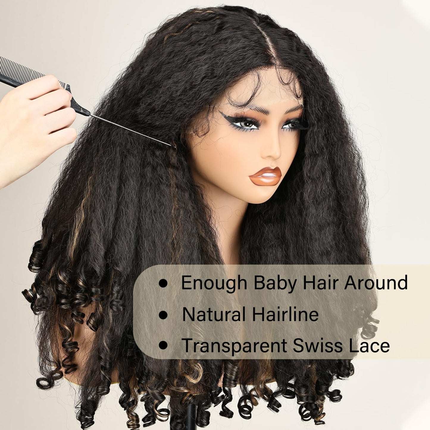 SOKU Afro Curly Lace Front Wig Synthetic Kinky Straight with Curly Ends T Part HD Transparent Swiss Lace Fluffy Bouncy Hair Wigs 20 Inch Dark Brown Heat Friendly Afro Wigs for Black Women
