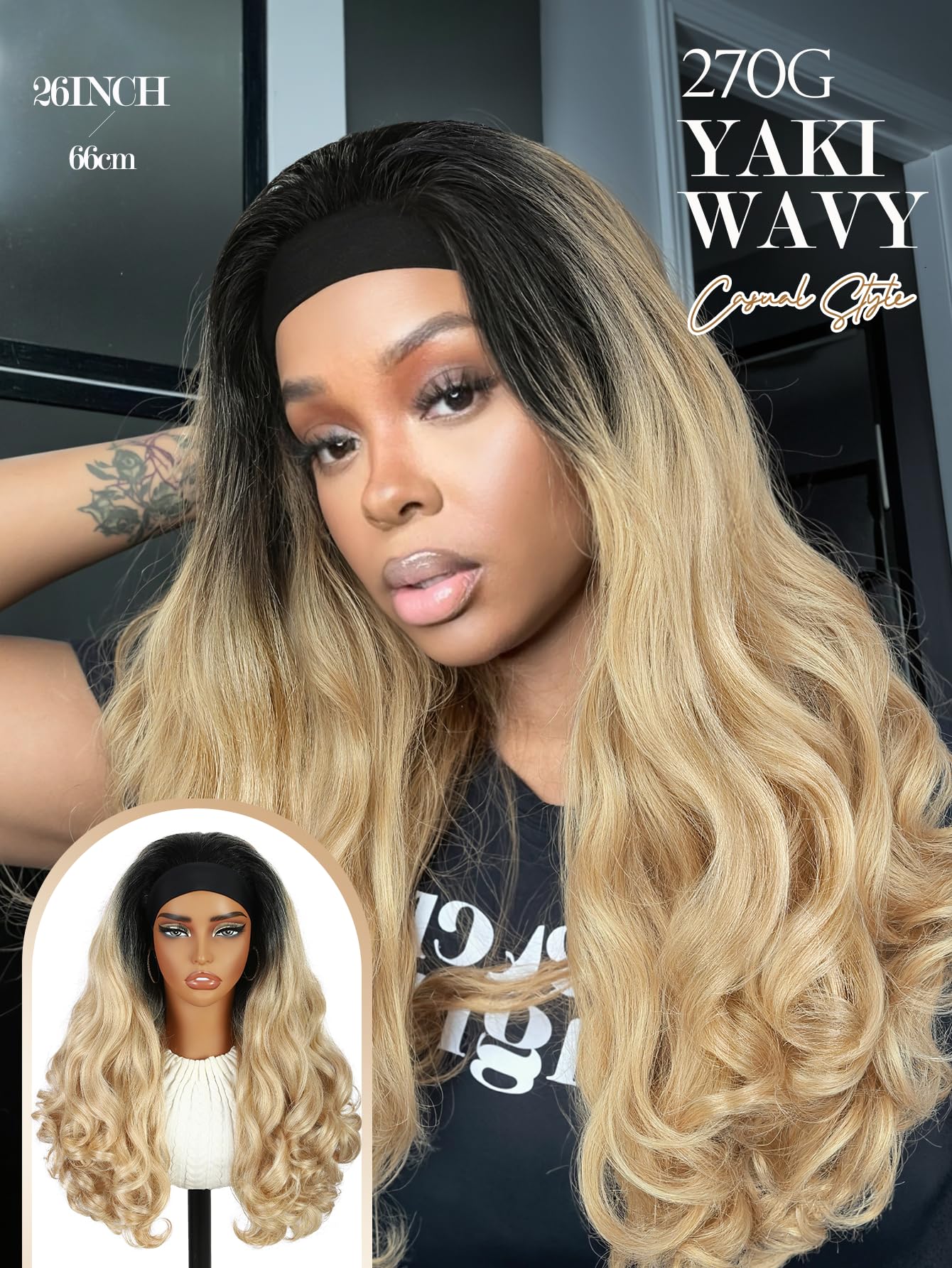 Yaki Wavy Headband Wigs for Black Women 26 Inch Black Kinky Straight Wear and Go Wig with Curly Wavy Ends Synthetic Glueless Half Wig with Headbands Attached Blow Out Style Natural Hair Texture