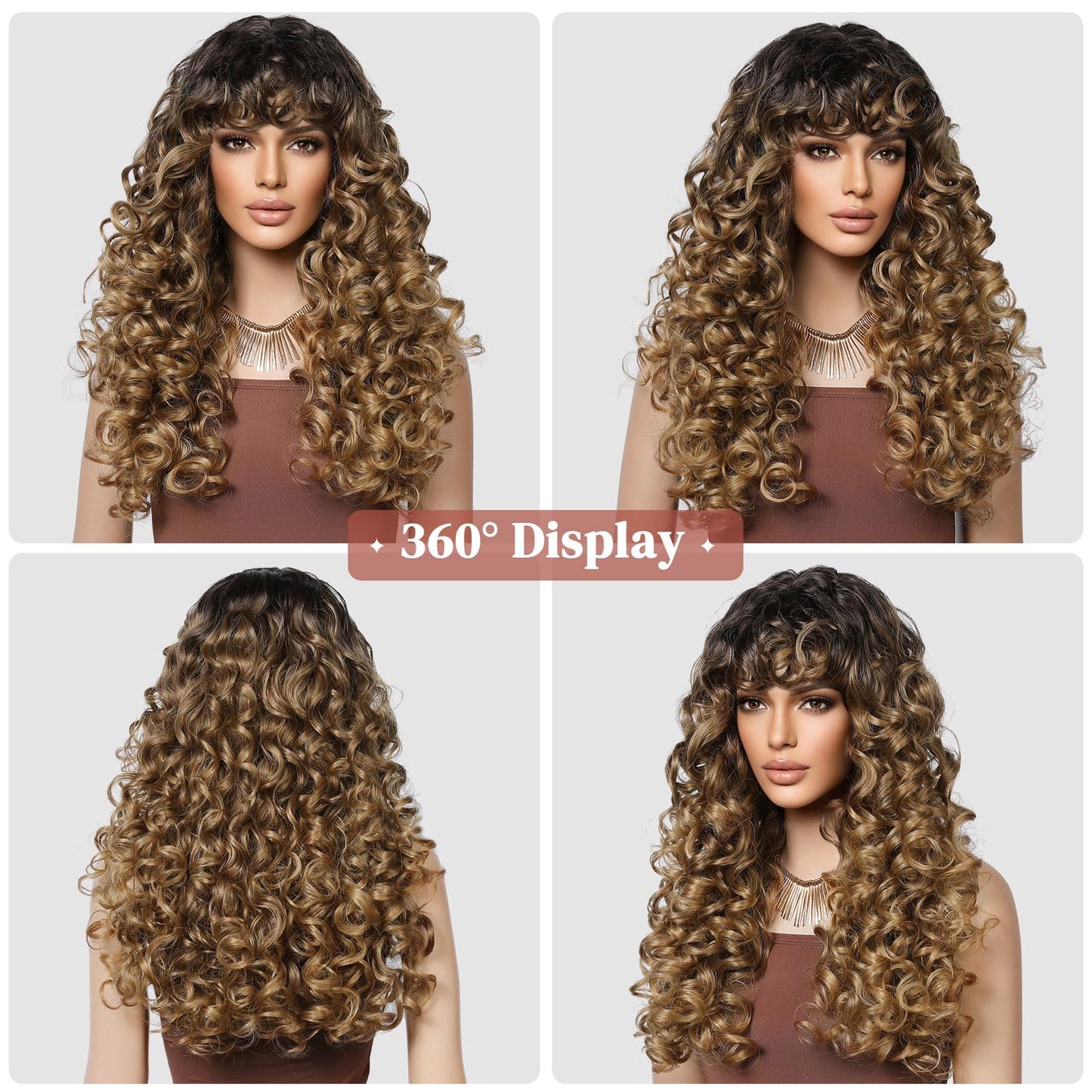 LONAI Curly Wig with Bangs for Black Women Long Black Kinky Wigs with Wispy Bangs WIG006 Curly Gorgeous Fringe Synthetic Wig for Daily Use Party Cosplay-Black