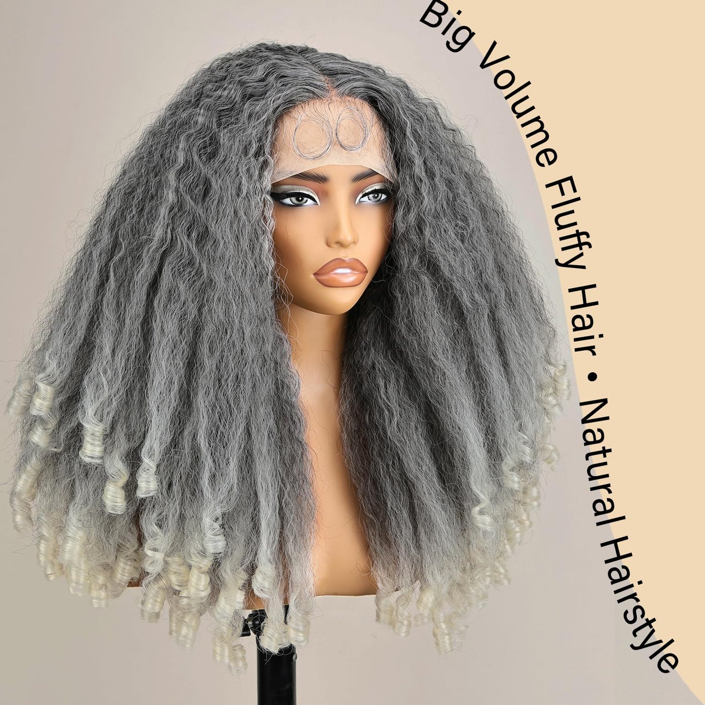 SOKU Afro Curly Lace Front Wig Synthetic Kinky Straight with Curly Ends T Part HD Transparent Swiss Lace Fluffy Bouncy Hair Wigs 20 Inch Dark Brown Heat Friendly Afro Wigs for Black Women