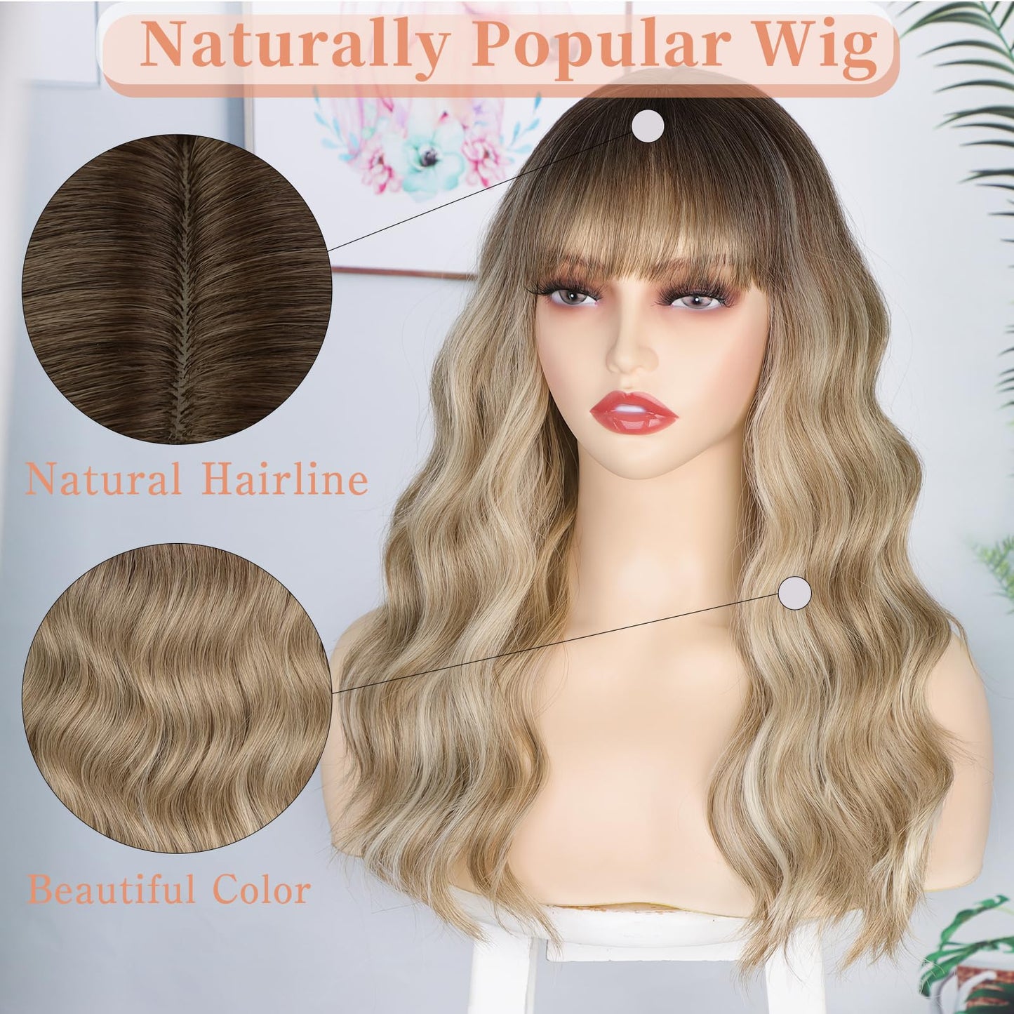 Blonde Wig with Bangs Dirty Blonde Wig for Women Long Wavy Curly Heat Resistant Fiber Synthetic for Daily Party Use (20inch)