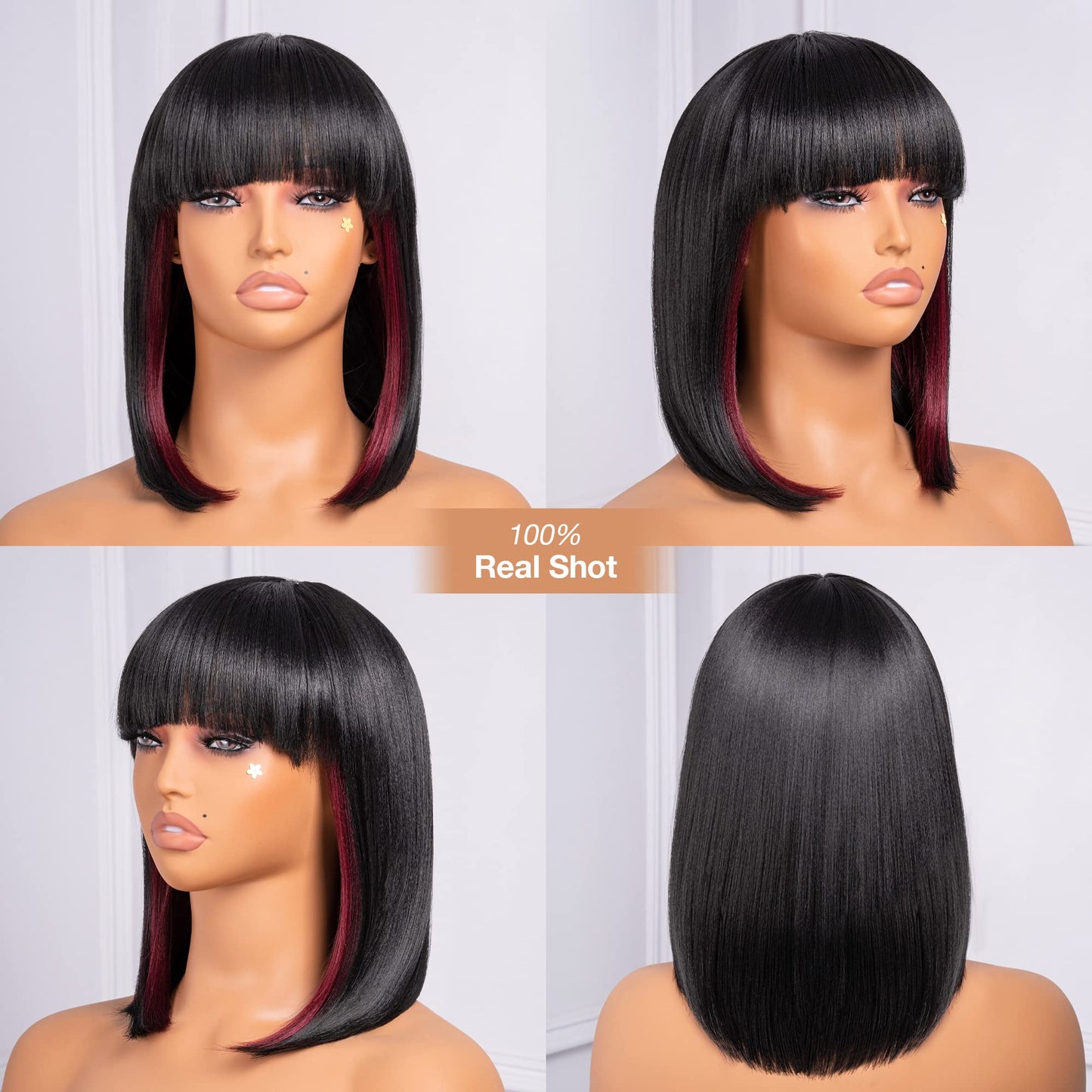 ToyoTress Bob Wig With Bangs - 12 Inch Peek-a-boo Color Short Bob Wig For Black Women Black Mix Brown Daily Costume Wigs, Light Yaki Straight Synthetic Hair Wigs Heat Resistant (12 Inch, SH30-612H)