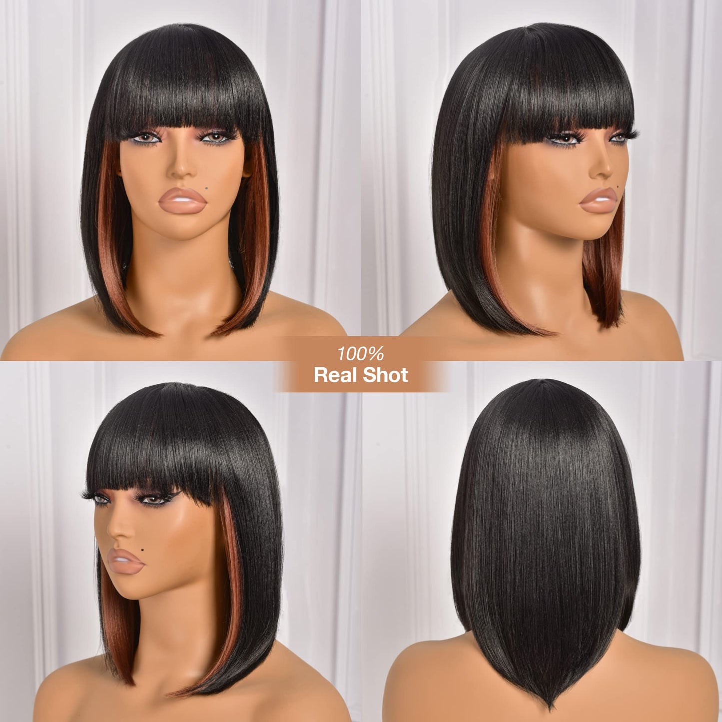 ToyoTress Bob Wig With Bangs - 12 Inch Peek-a-boo Color Short Bob Wig For Black Women Black Mix Brown Daily Costume Wigs, Light Yaki Straight Synthetic Hair Wigs Heat Resistant (12 Inch, SH30-612H)