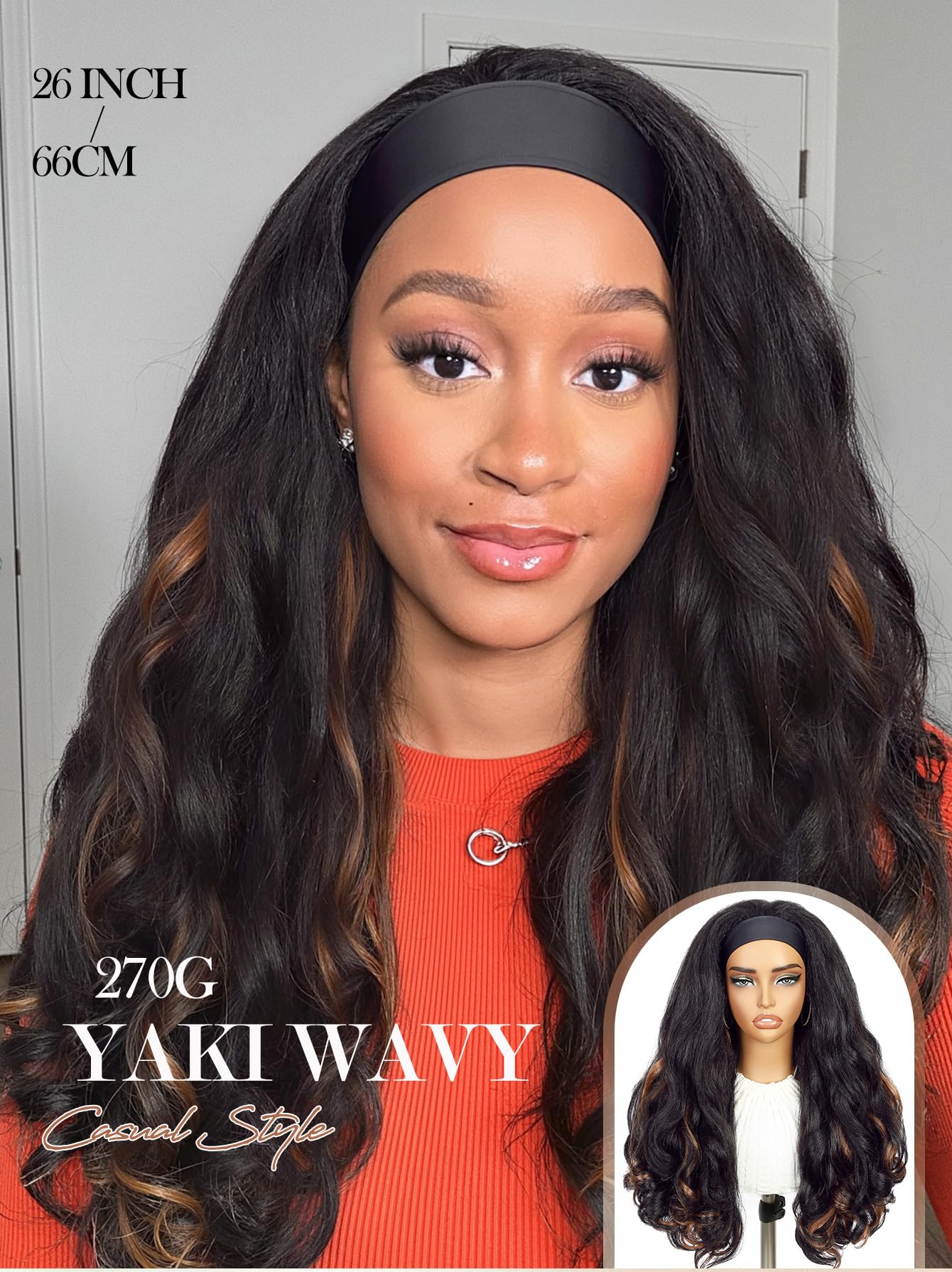 Yaki Wavy Headband Wigs for Black Women 26 Inch Black Kinky Straight Wear and Go Wig with Curly Wavy Ends Synthetic Glueless Half Wig with Headbands Attached Blow Out Style Natural Hair Texture