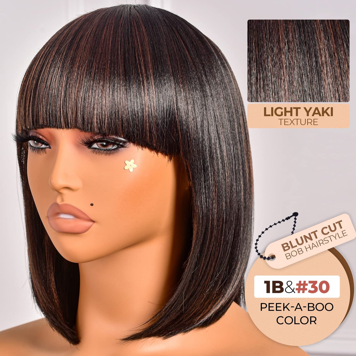 ToyoTress Bob Wig With Bangs - 12 Inch Peek-a-boo Color Short Bob Wig For Black Women Black Mix Brown Daily Costume Wigs, Light Yaki Straight Synthetic Hair Wigs Heat Resistant (12 Inch, SH30-612H)