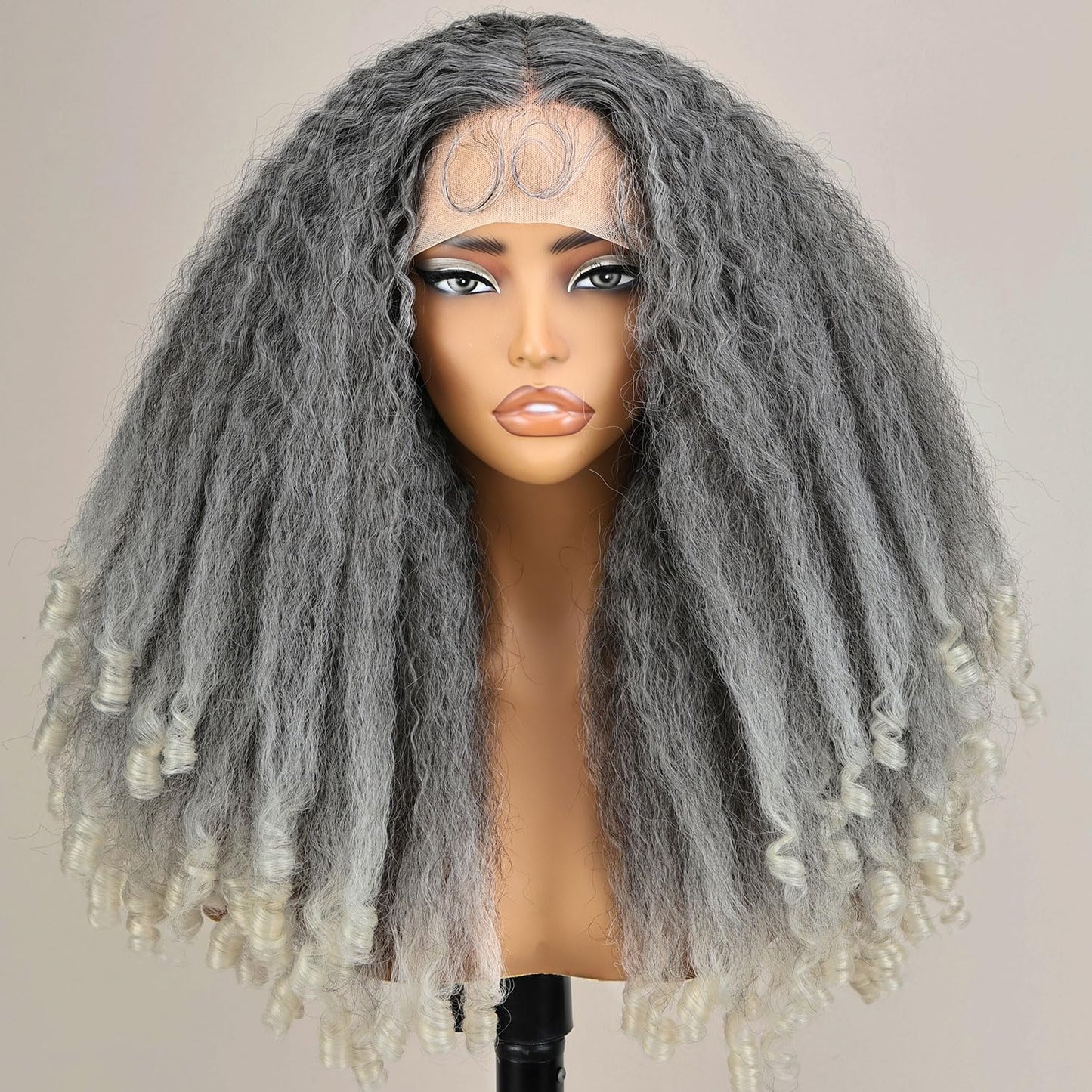 SOKU Afro Curly Lace Front Wig Synthetic Kinky Straight with Curly Ends T Part HD Transparent Swiss Lace Fluffy Bouncy Hair Wigs 20 Inch Dark Brown Heat Friendly Afro Wigs for Black Women