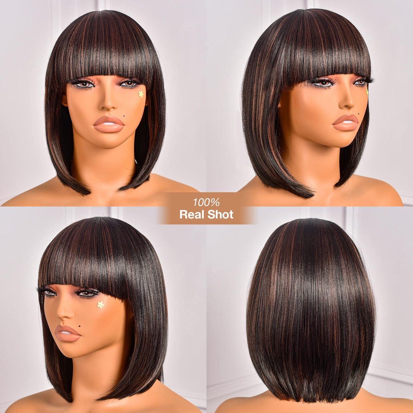 ToyoTress Bob Wig With Bangs - 12 Inch Peek-a-boo Color Short Bob Wig For Black Women Black Mix Brown Daily Costume Wigs, Light Yaki Straight Synthetic Hair Wigs Heat Resistant (12 Inch, SH30-612H)