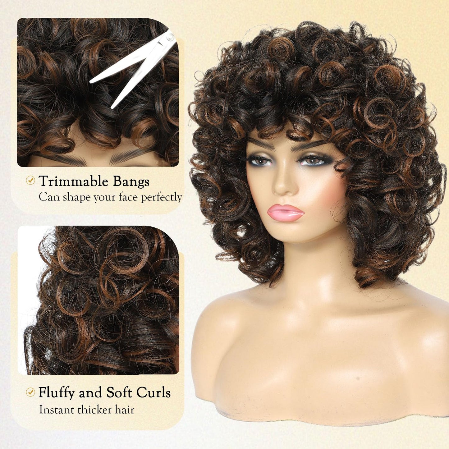 Curly Wigs for Black Women Soft Honey Blonde Short Curly Wig with Bangs Afro Loose Curls Wig for African American Women (1B/30)