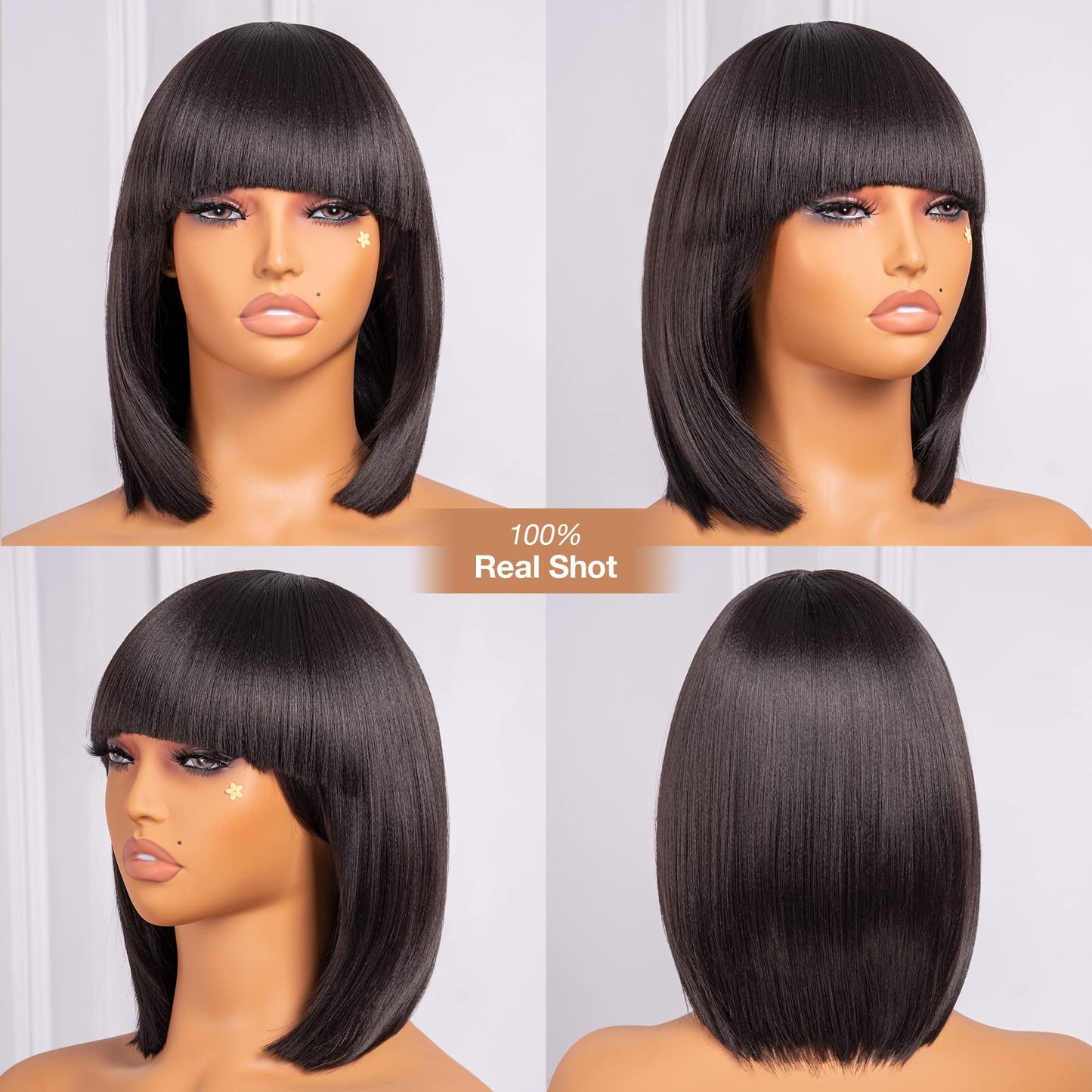 ToyoTress Bob Wig With Bangs - 12 Inch Peek-a-boo Color Short Bob Wig For Black Women Black Mix Brown Daily Costume Wigs, Light Yaki Straight Synthetic Hair Wigs Heat Resistant (12 Inch, SH30-612H)