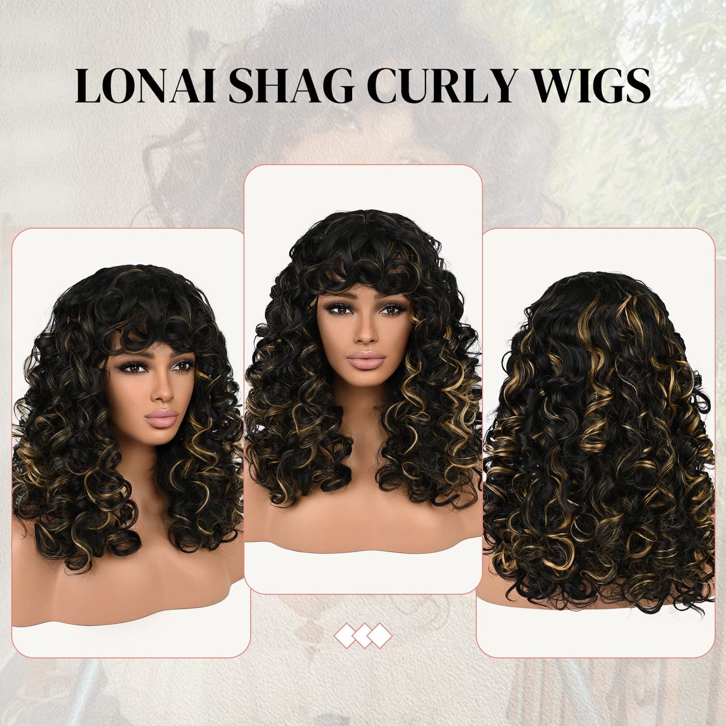 LONAI Curly Wig with Bangs for Black Women Long Black Kinky Wigs with Wispy Bangs WIG006 Curly Gorgeous Fringe Synthetic Wig for Daily Use Party Cosplay-Black