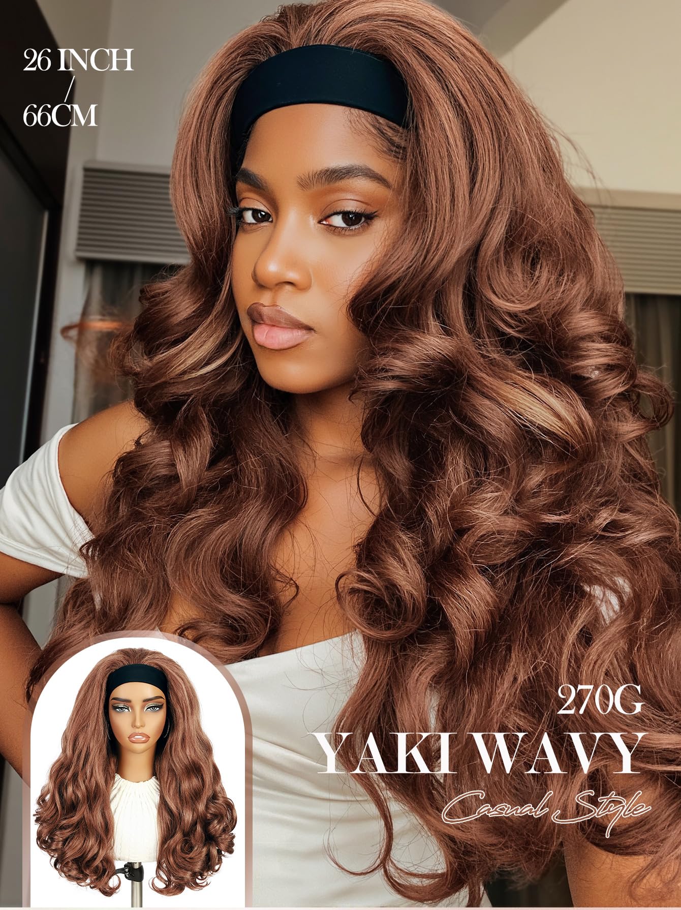 Yaki Wavy Headband Wigs for Black Women 26 Inch Black Kinky Straight Wear and Go Wig with Curly Wavy Ends Synthetic Glueless Half Wig with Headbands Attached Blow Out Style Natural Hair Texture