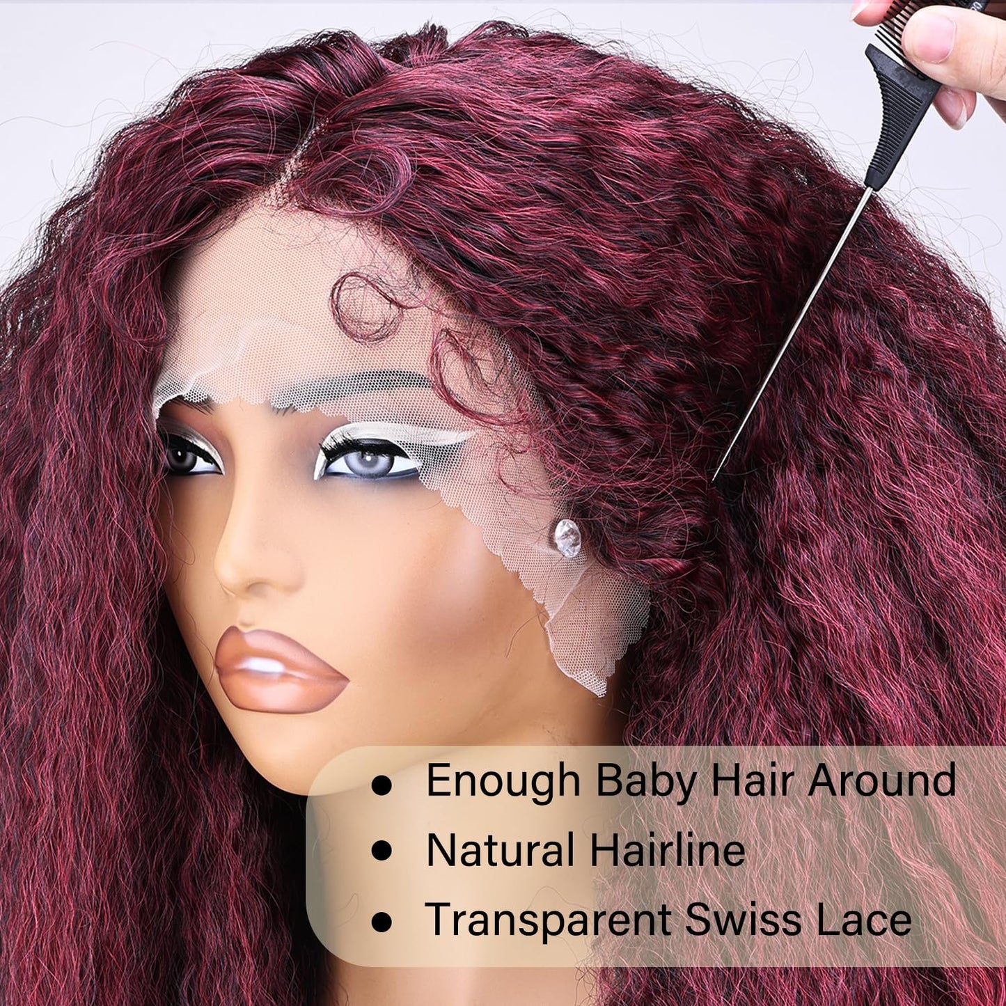 SOKU Afro Curly Lace Front Wig Synthetic Kinky Straight with Curly Ends T Part HD Transparent Swiss Lace Fluffy Bouncy Hair Wigs 20 Inch Dark Brown Heat Friendly Afro Wigs for Black Women