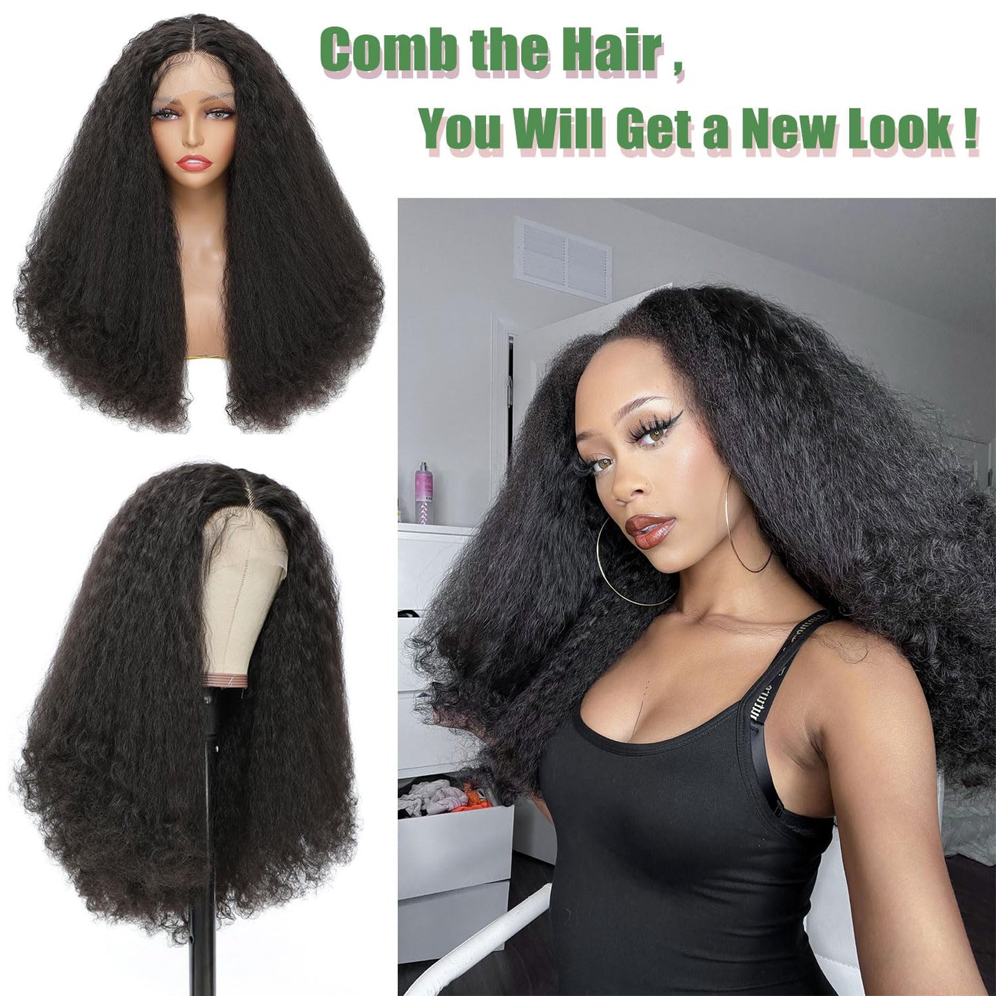 SOKU Afro Curly Lace Front Wig Synthetic Kinky Straight with Curly Ends T Part HD Transparent Swiss Lace Fluffy Bouncy Hair Wigs 20 Inch Dark Brown Heat Friendly Afro Wigs for Black Women