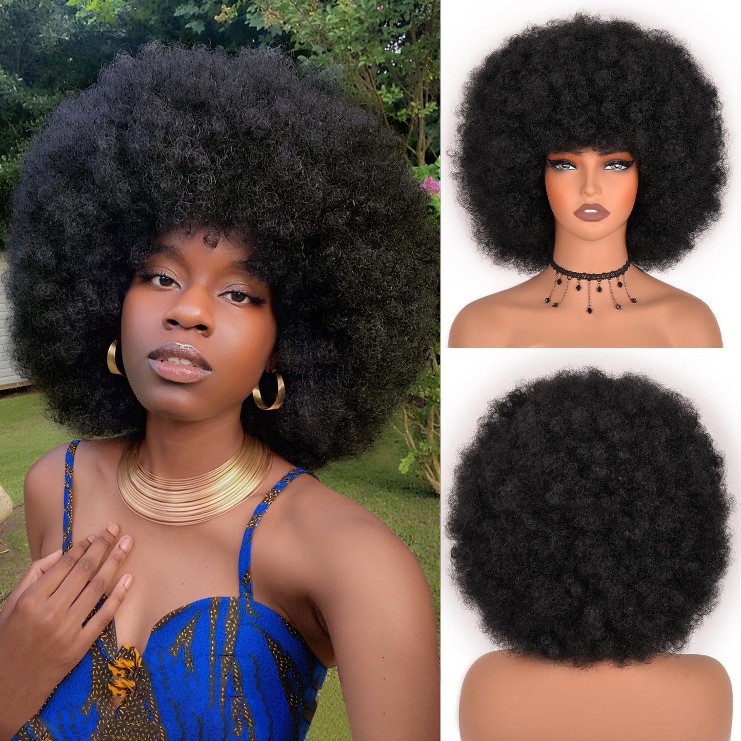 Afro Curly Wig with Bangs 12 Inches Synthetic Afro Wig for Women about 280g/Pcs Heat Resistant Black Short Kinky Curly Wigs for Daily Party