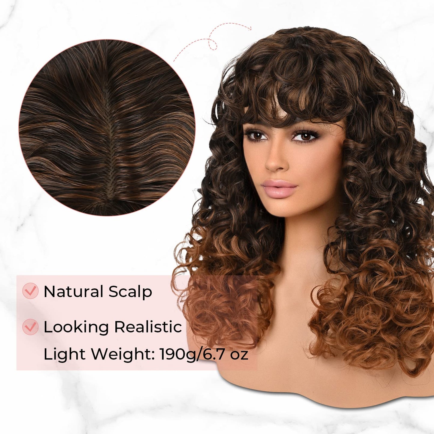 LONAI Curly Wig with Bangs for Black Women Long Black Kinky Wigs with Wispy Bangs WIG006 Curly Gorgeous Fringe Synthetic Wig for Daily Use Party Cosplay-Black