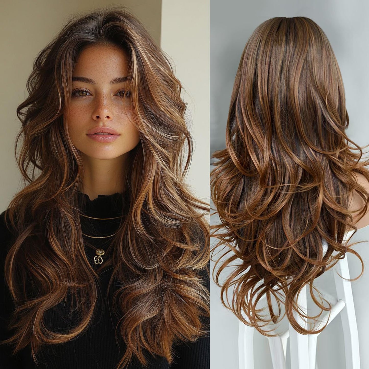 Aisaide Long Wavy Black Layered Wig with Curtain Bangs for Black Women,Synthetic Layered Long Wavy Wig Butterfly Haircut with Thin Hair for Women 24inch(1B)